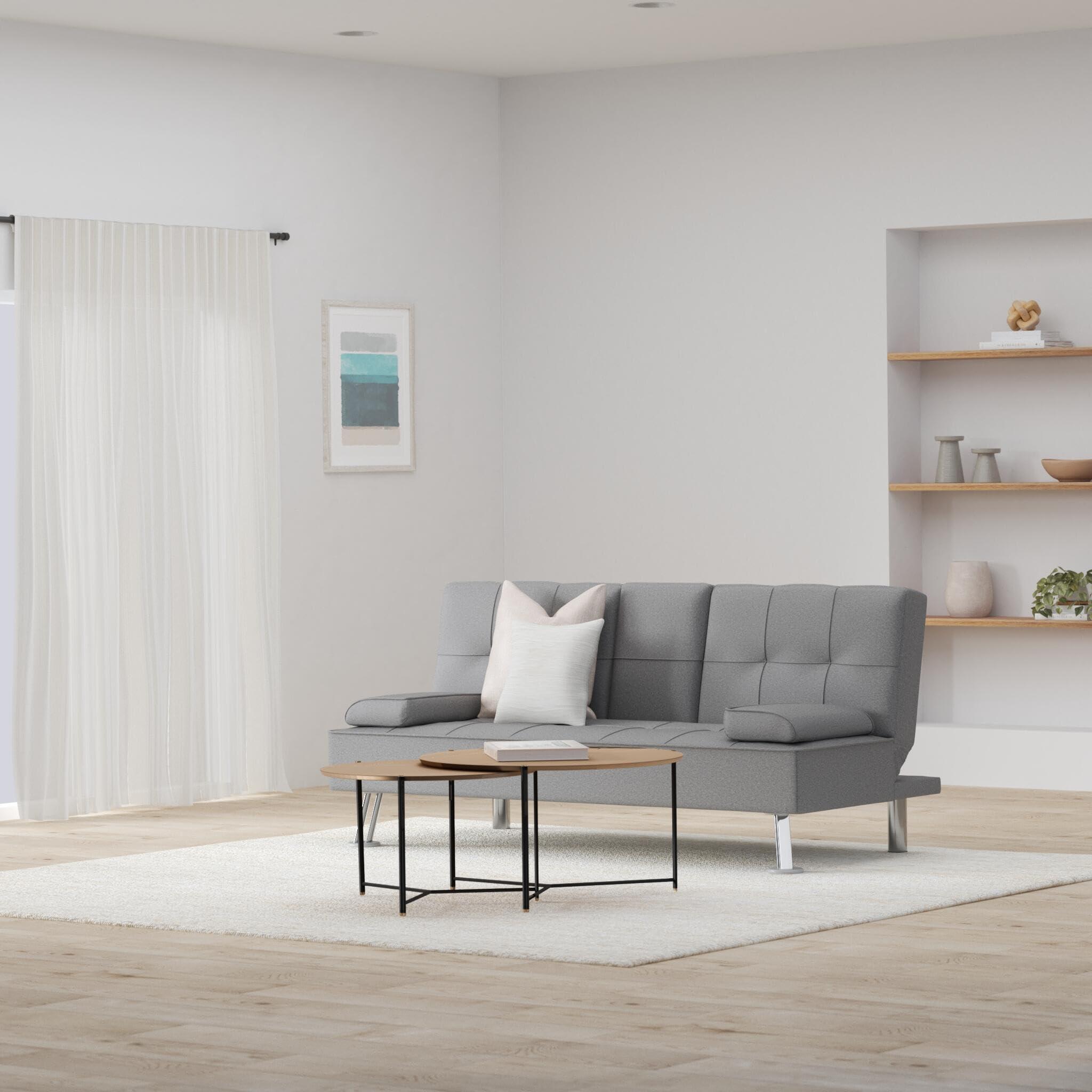 Best Choice Products Linen Modern Folding Futon, Reclining Sofa Bed for Apartment, Dorm w/Removable Armrests, 2 Cupholders - Gray - Image 2