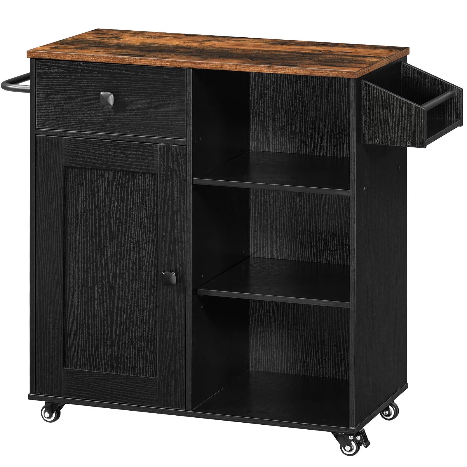 HOOBRO Kitchen Island, Storage Cabinet with Drawer, Kitchen Cart with Spice and Towel Rack, Saving Space, Easy Assembly, for Living Room, Rustic Brown and Black FB12ZD01