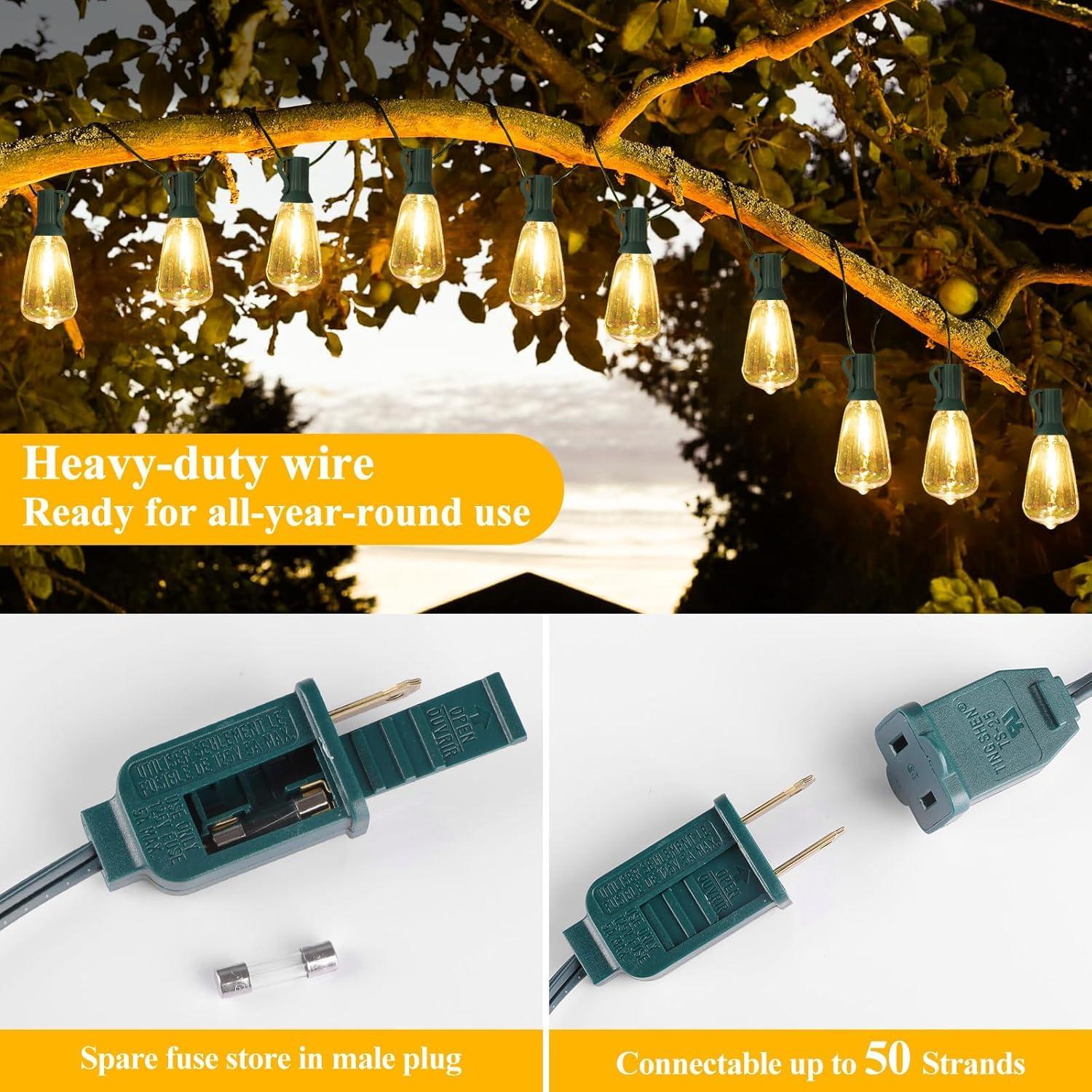 Brightever LED Outdoor String Lights 100FT with 52 Shatterproof ST38 Vintage Edison Bulbs, Outside Hanging Lights Waterproof for Patio, Porch, Deck, Garden, Backyard, Balcony, Green Wire - Image 4