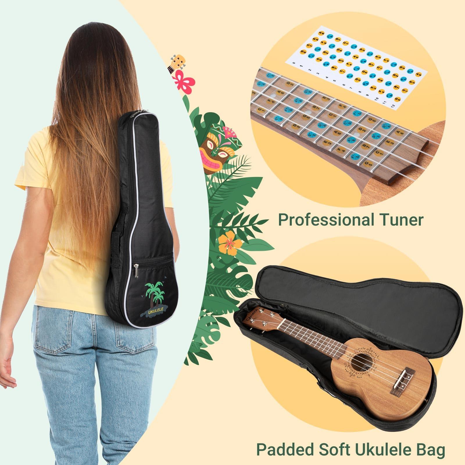 CAHAYA 21 Inch Ukulele Mahogany Beginner Kit Soprano Ukelele with Gig Bag Rainbow Strap Fretboard Stickers for Both Adults and Kids Professional Hawaiian Ukalalee Gifts CY0068 - Image 3