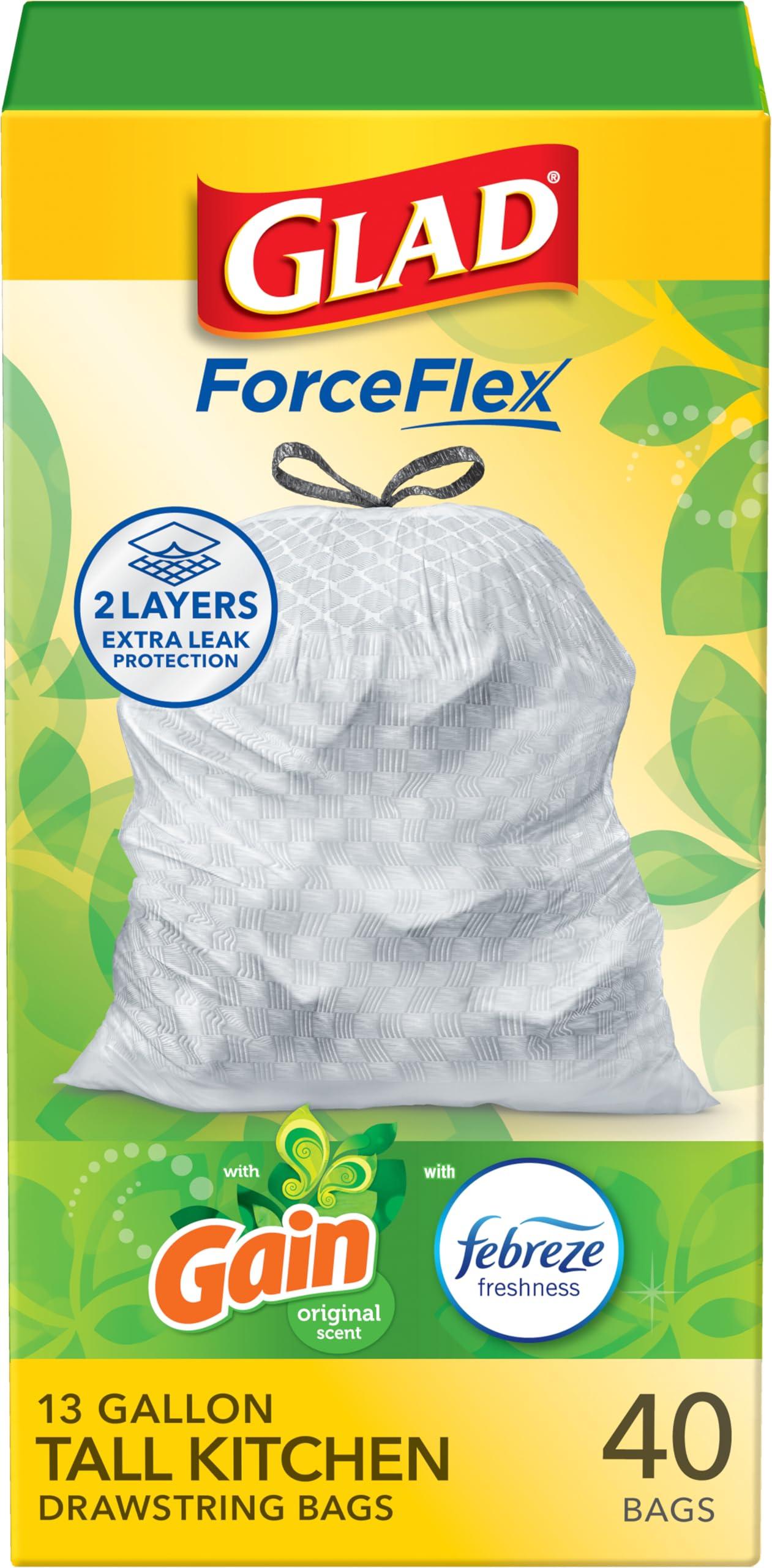 Glad Tall Kitchen Trash Bags 13 Gallon, Gain Original Garbage Bags, Odorshield with Drawstring, 40 Count