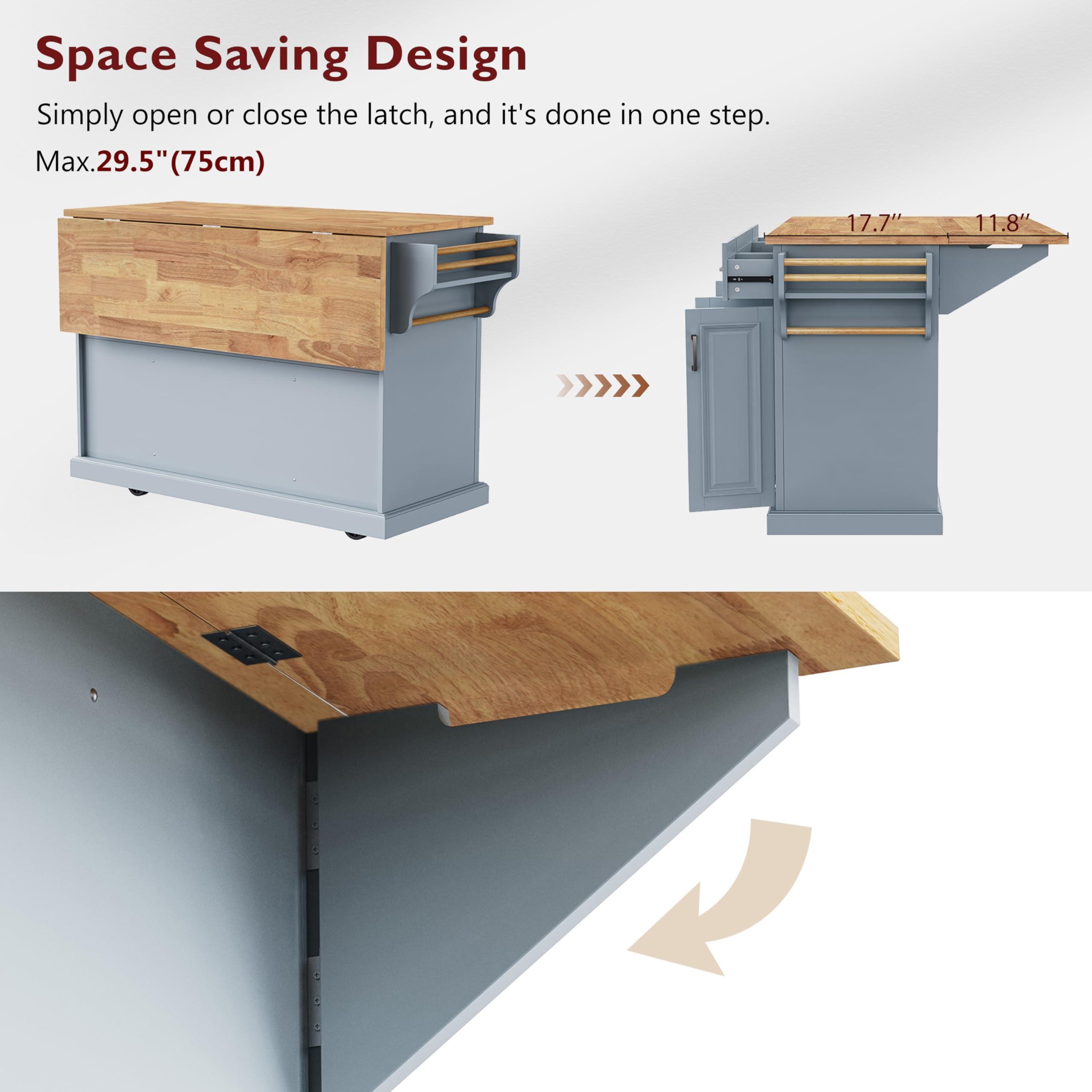 Ball & Cast Large Kitchen Island with Rubber Wood Drop Leaf,Embossed Texture Rolling Kitchen Cart On 4 Wheels W/4 Doors&3 Drawers,Mobile Kitchen Islands W/Storage for Kitchen,Dining Room,Grey Blue,54" - Image 5