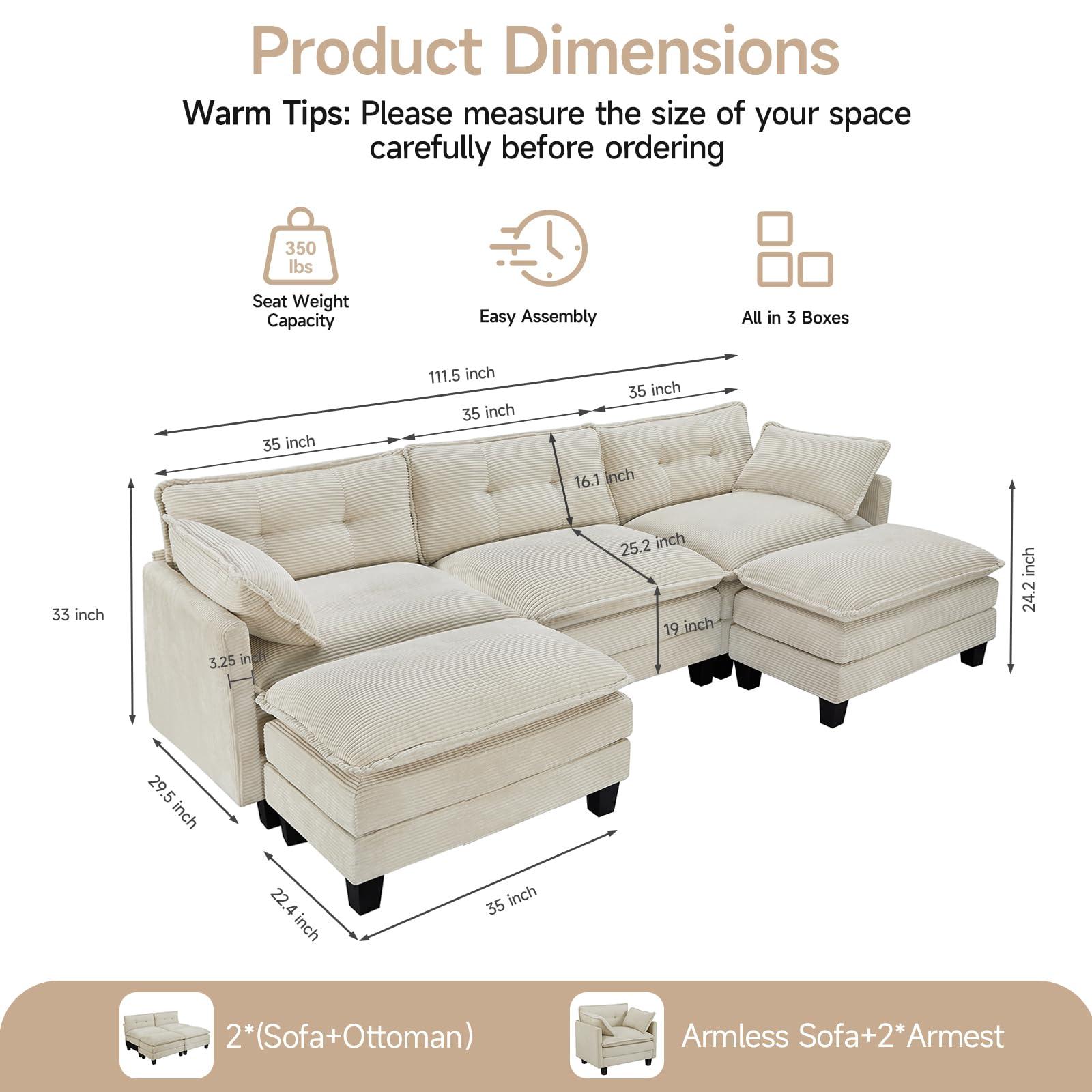 Amsleekey Modular Sectional Sofa, 111.5" U-Shaped Corduroy Comfy Sectional Couches for Living Room, 3-Seater Cloud Couches with 2 Movable Ottomans, Flexible Combination Modern Deep Seat Sofa (Beige) - Image 2