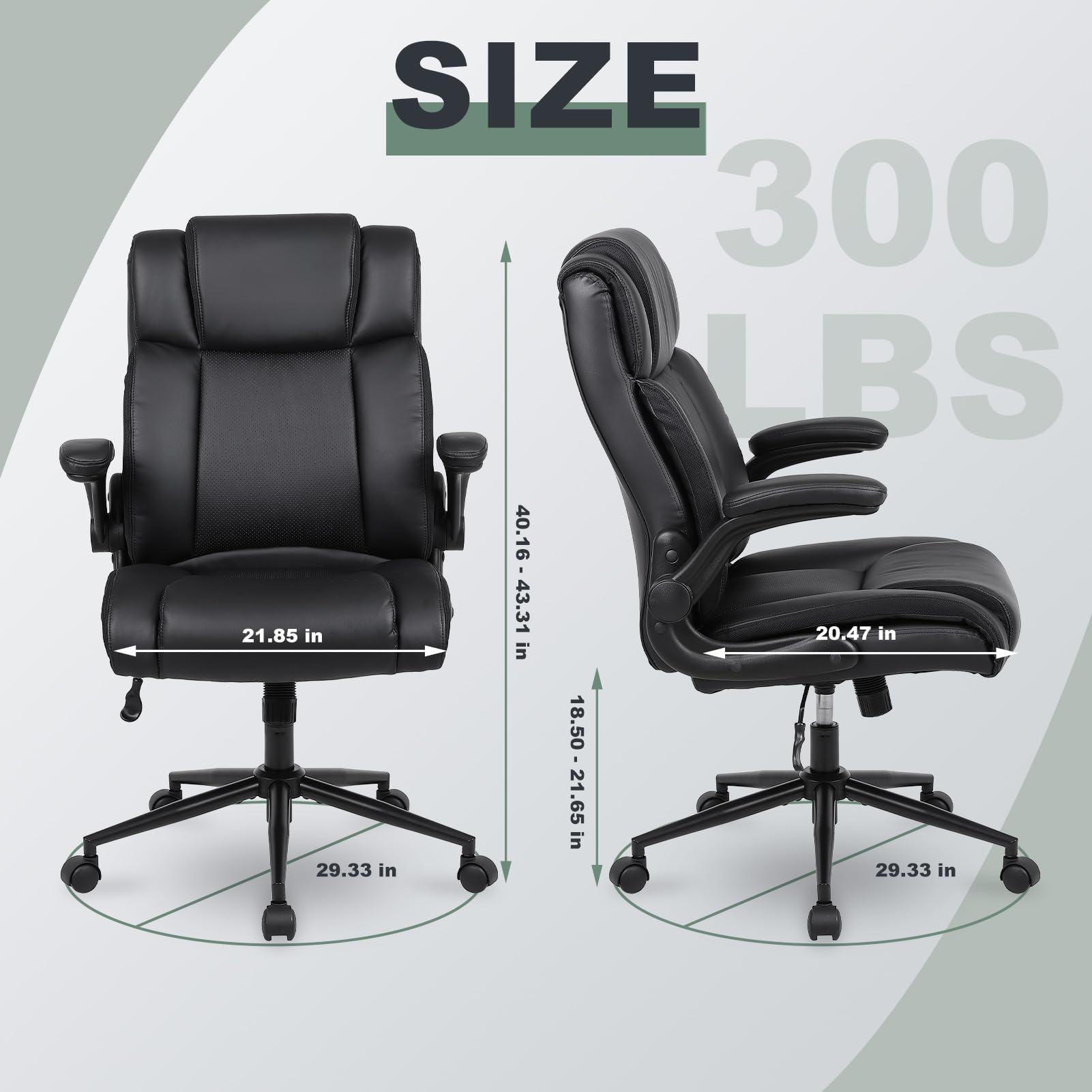 Ermnois Executive Office Chair with Thicken Flip-up Armrest, Ergonomic Home Office Desk Chair with Lumbar Support, Upholstered Leather Mid-Back Computer Gaming Chair for Home/Office, Black - Image 3