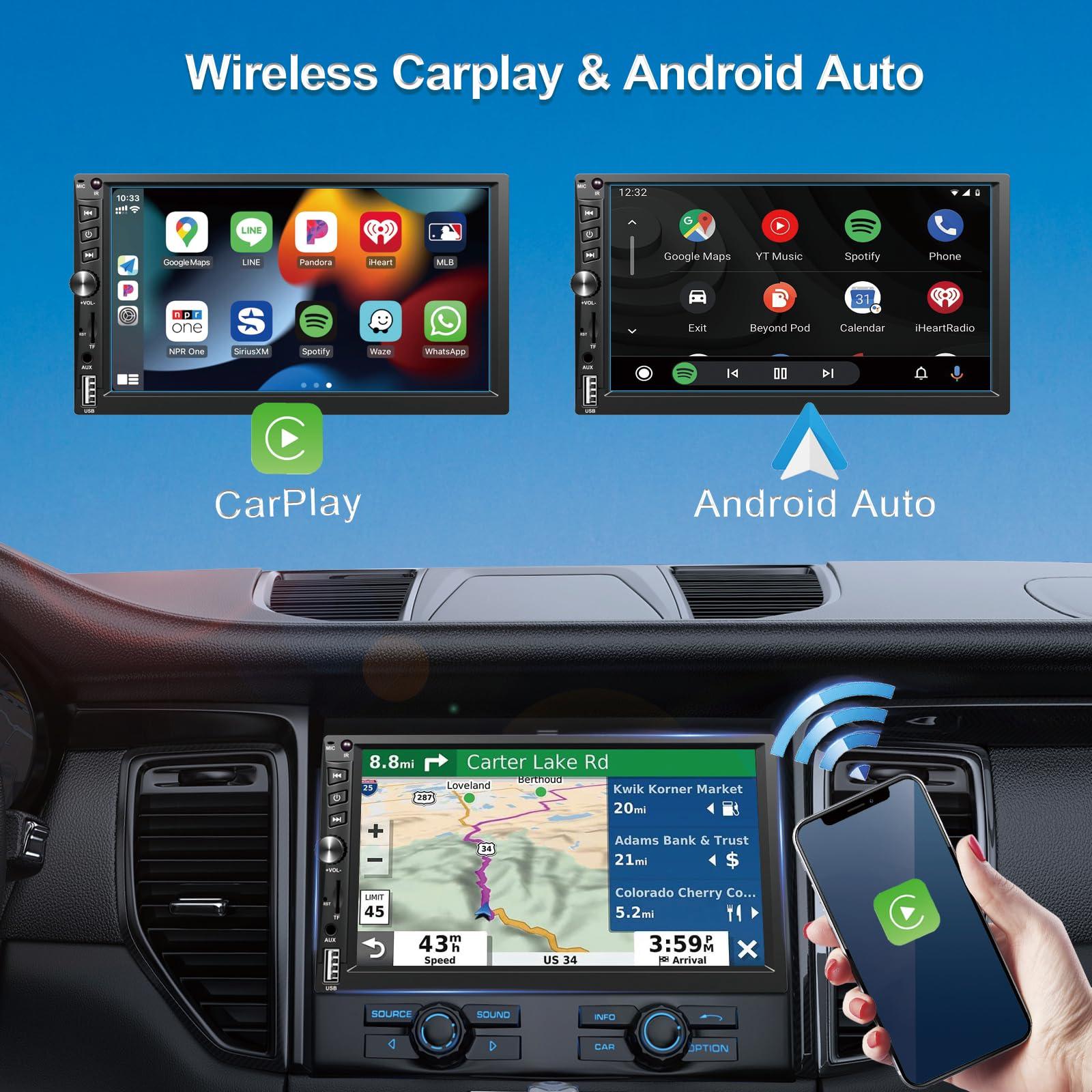 Wireless Double Din Car Stereo Works with Apple Carplay,7 Inch HD 1024 * 600 Touchscreen with Bluetooth 5.1,FM Car Radio,GPS Navigation,Backup Camera,Android Auto,Voice Control，USB/AUX/TF/SWC - Image 2