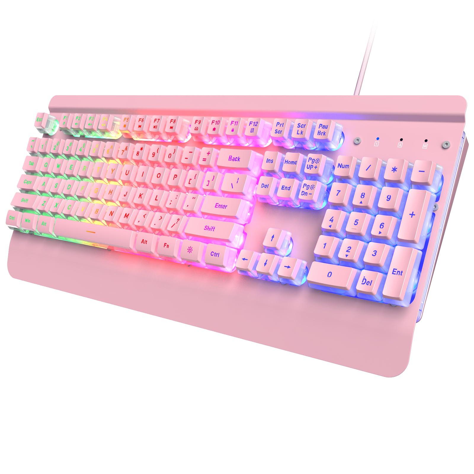 Pink Creamy Keyboard, 104 Keys All-Metal Panel, Rainbow LED Backlit Silent Gaming Keyboard, Wrist Rest, PBT Keycap, Anti-ghosting Keys, Light Up USB Wired Computer Keyboard for PC
