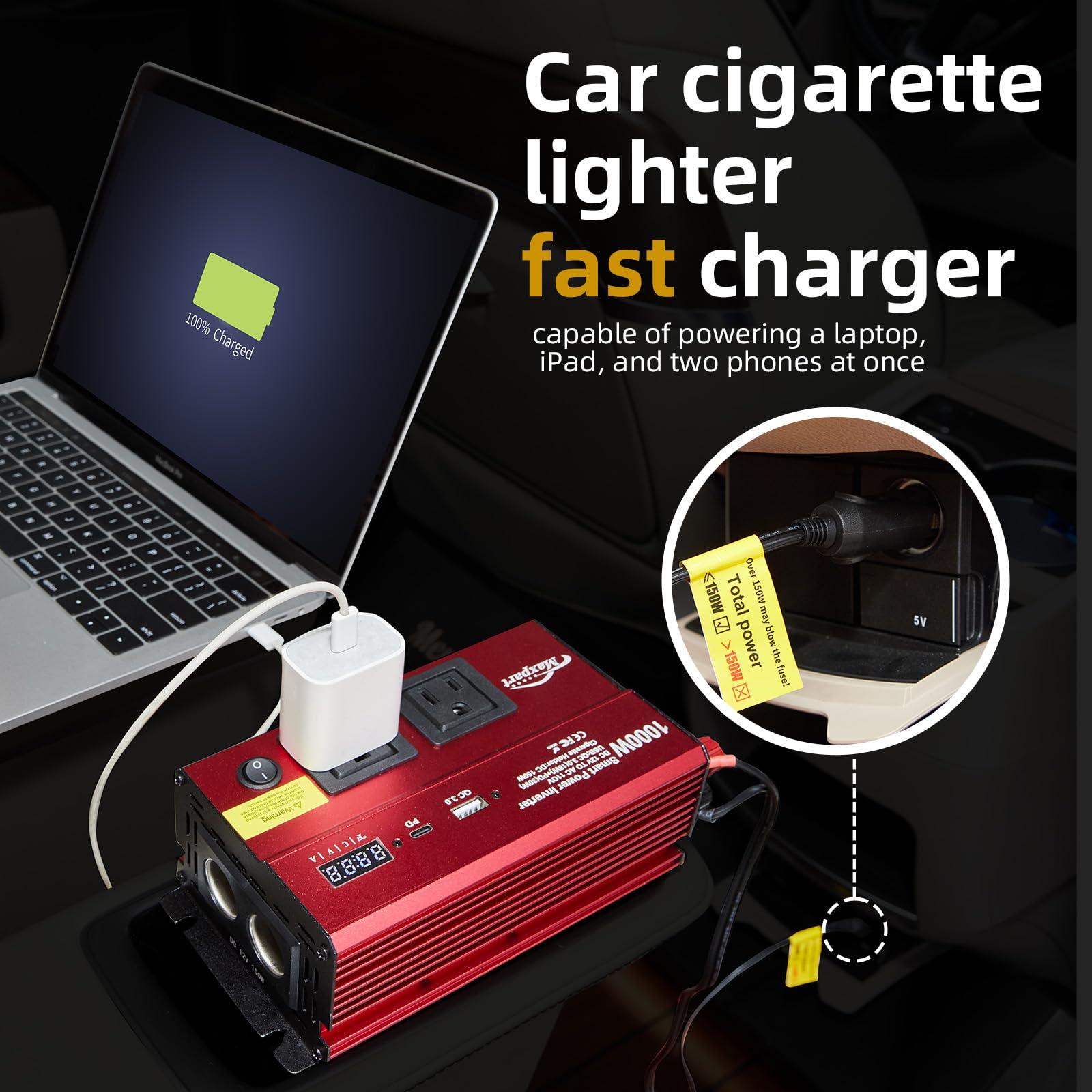 TWING Car 1000w Inverter,12v DC to 110v Power Inverters for Vehicles 1000 watt with Dual AC Outlets 3.0A USB and Type-C,12 Volt Inverter Car Cigarette Lighter Battery - Image 4