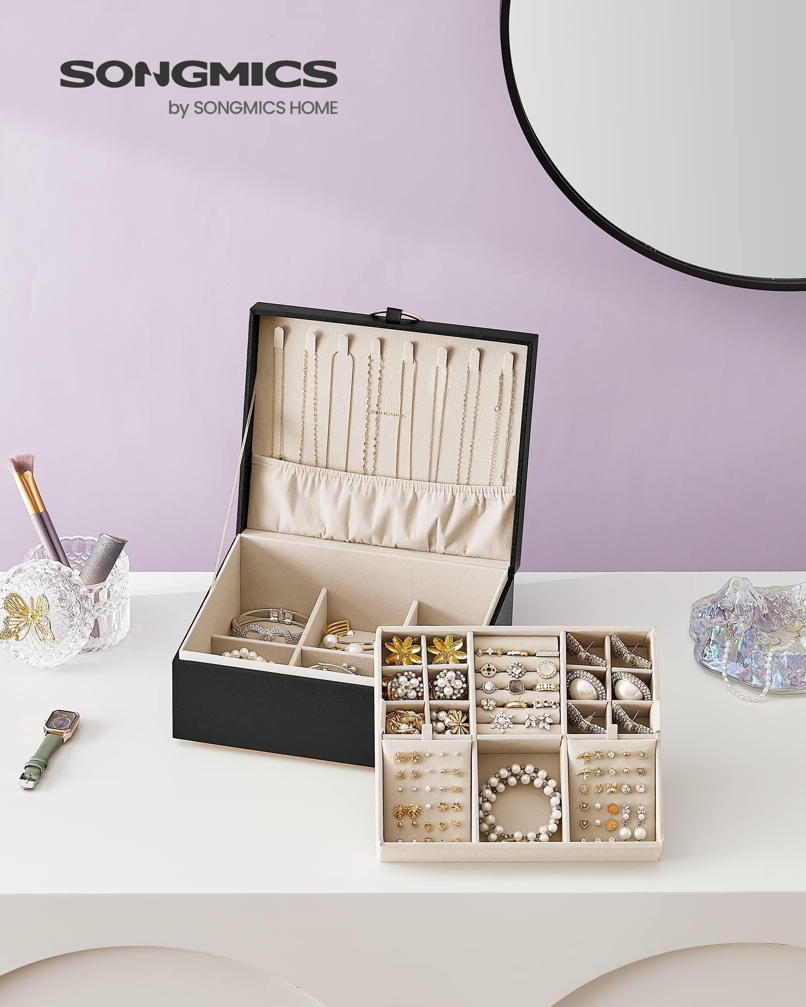 SONGMICS 2-Layer Jewelry Box, Jewelry Organizer with Handle, Removable Jewelry Tray, Jewelry Storage, Floating Effect, 8.1 x 9.4 x 4.3 Inches, Gift Idea, Black UJBC165B01 - Image 2