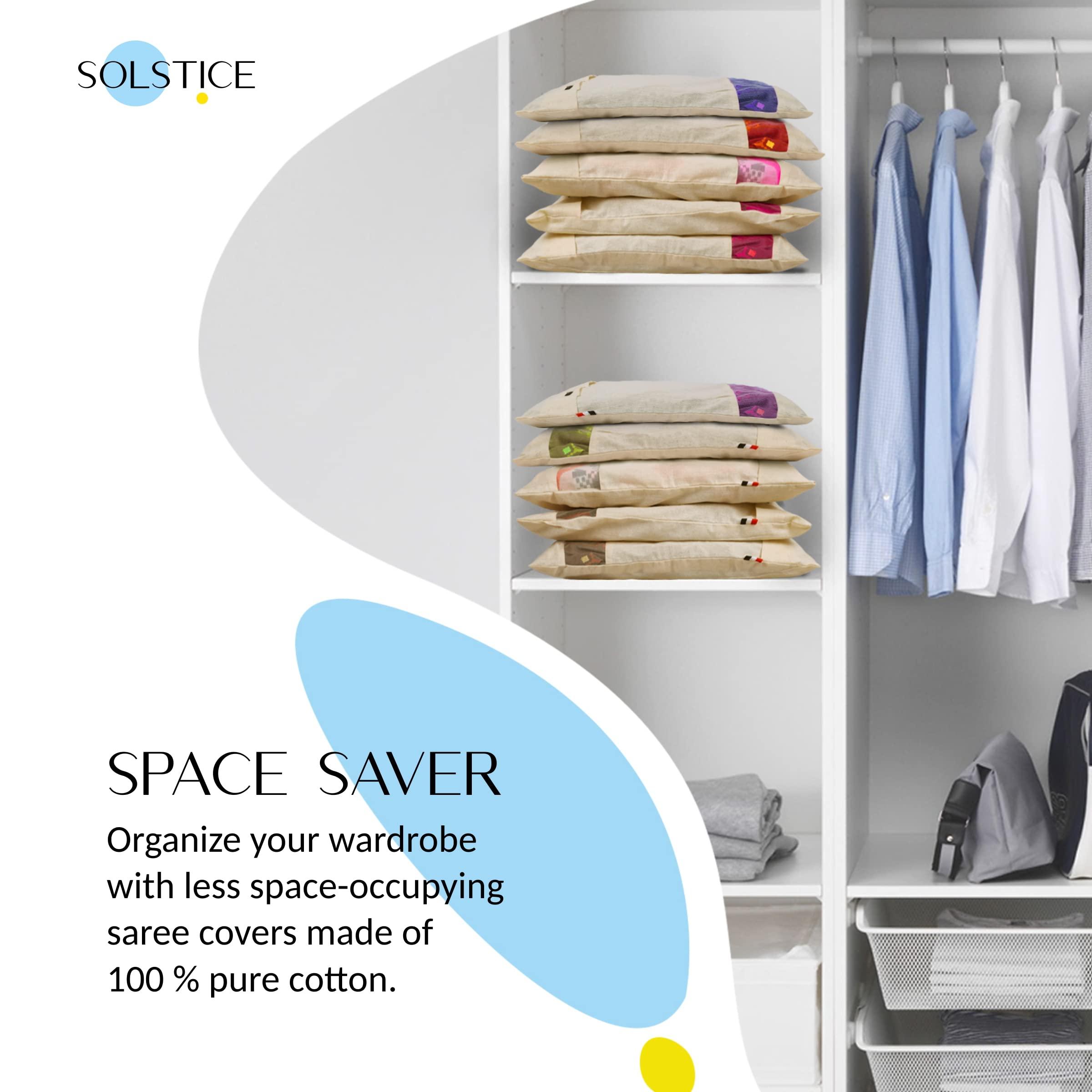 SOLSTICE Cotton Saree Covers, Saree Bags, Clothes Covers for Clothes Storage bag, Travelling, Wardrobe Organizer with Mesh, Window (16 x 14, off white) (Pack of 12) - Image 7