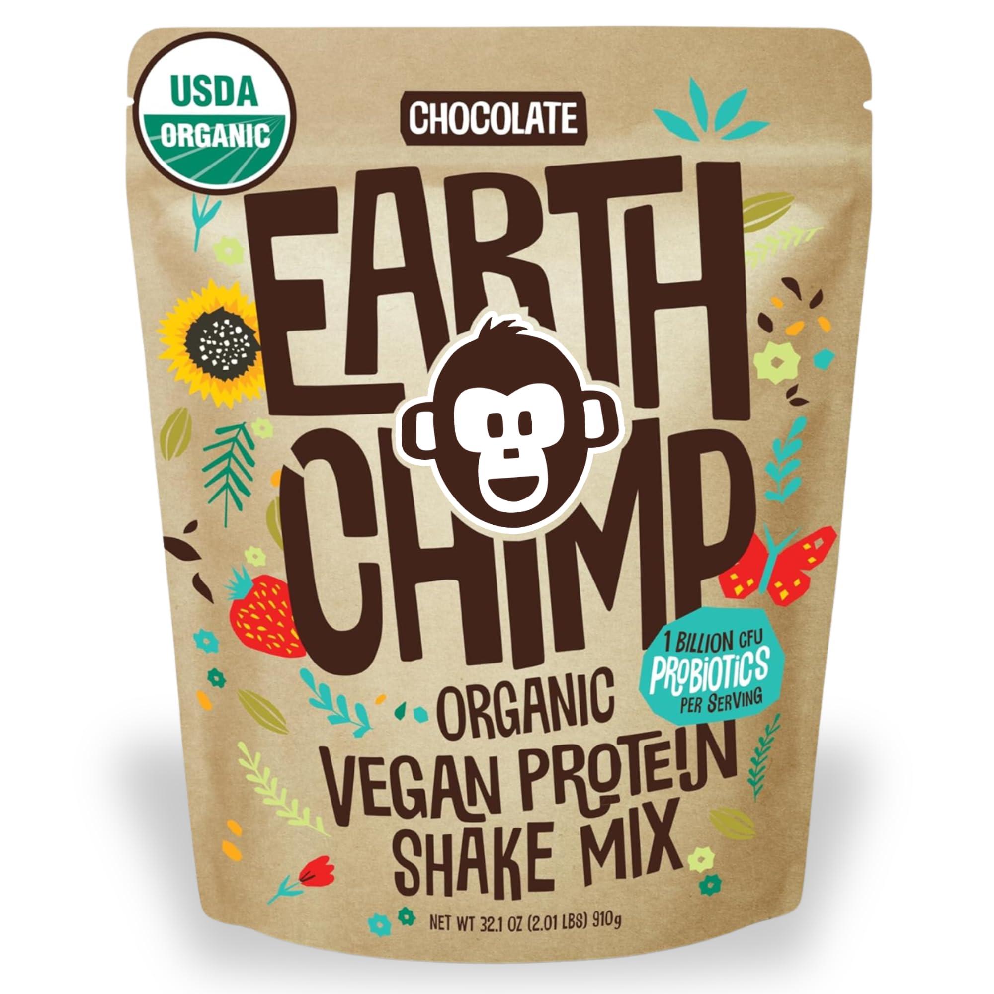 EarthChimp Organic Vegan Protein Powder - with Probiotics - Non GMO, Dairy Free, Non Whey, Plant Based Protein Powder for Women and Men, Gluten Free - 26 Servings 32 Oz (Chocolate)
