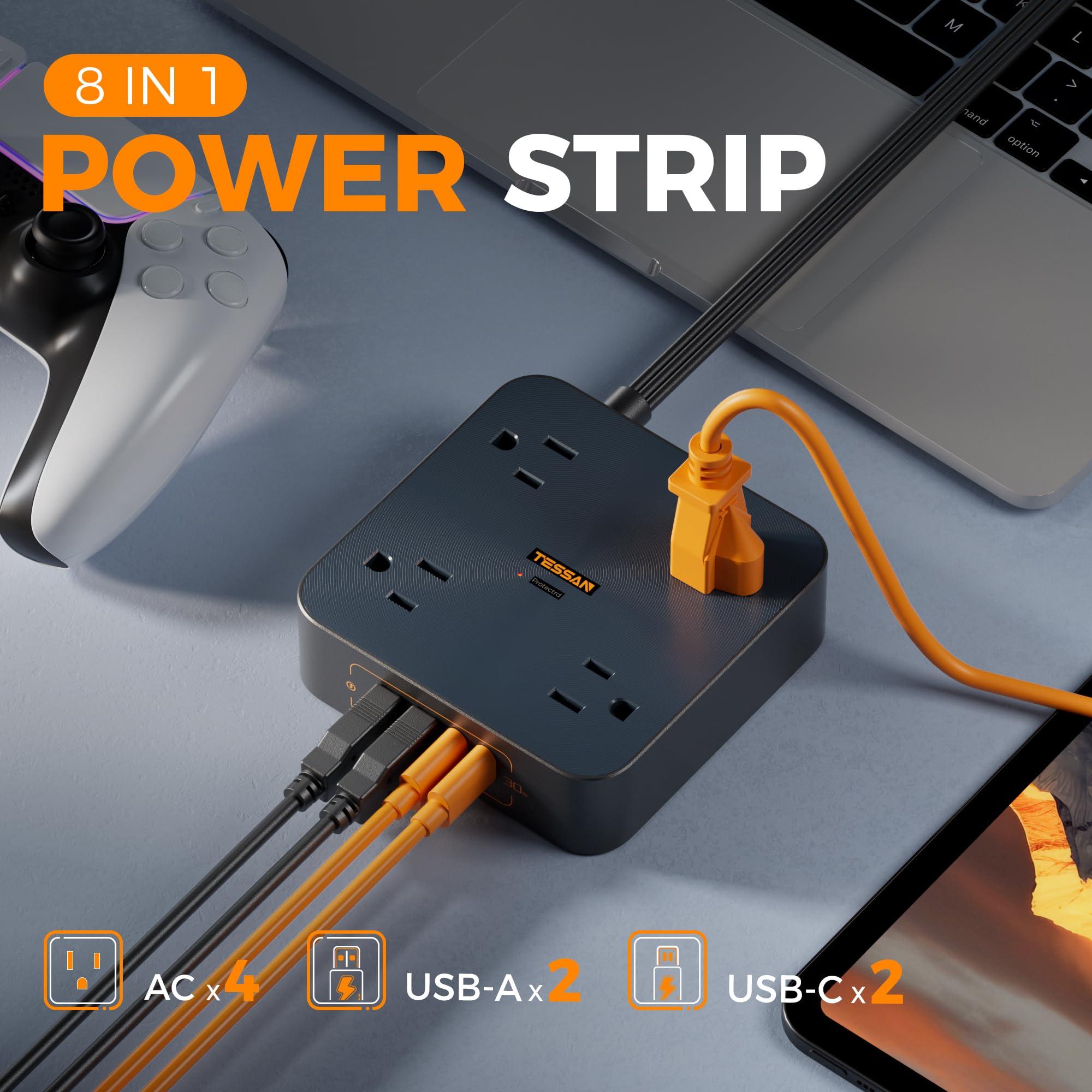 30W USB C Power Strip, TESSAN Fast Charger Surge Protector with 4 Outlet Extender, 6 FT Flat Plug Extension Cord 4 Charger Block Power Delivery (2 USB C) for Office Supplies, Dorm Room Essentials - Image 2
