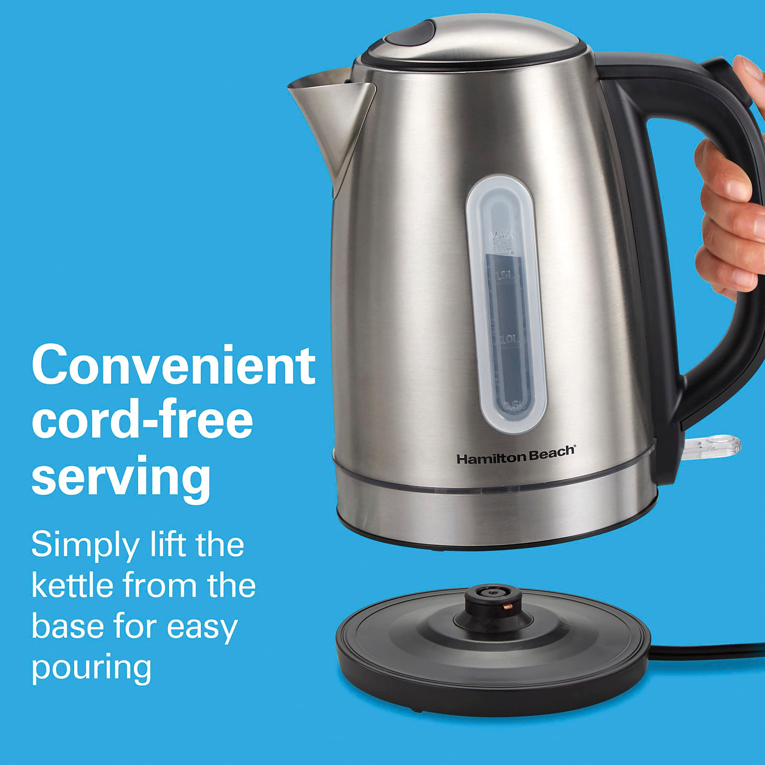 Hamilton Beach Electric Tea Kettle, Water Boiler & Heater, 1.7 Liter, Cordless Serving, 1500 Watts for Fast Boiling, Auto-Shutoff and Boil-Dry Protection, Stainless Steel with LED Light Ring (41037) - Image 9