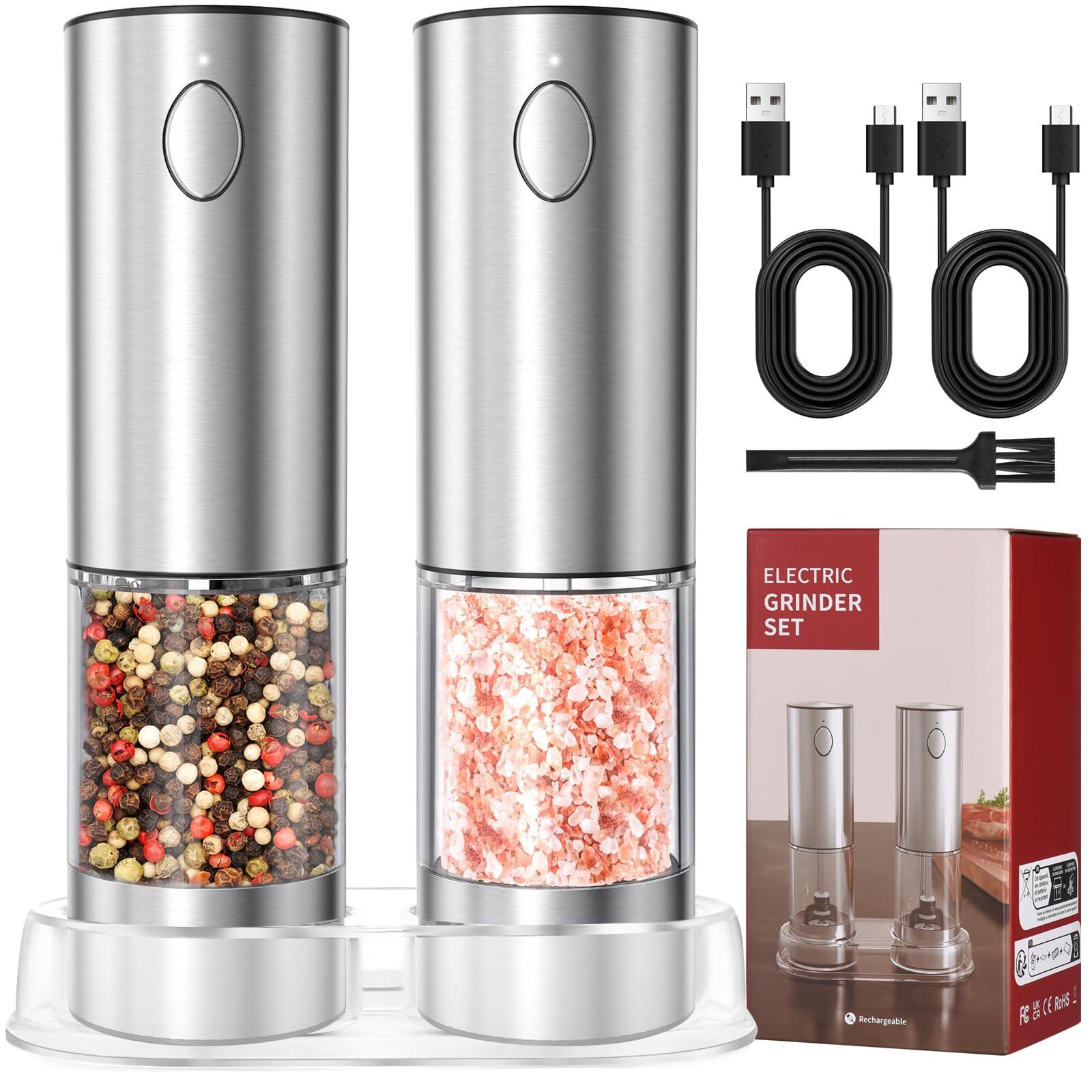 [Upgraded Larger Capacity] Rechargeable Electric Salt and Pepper Grinder Set with Storage Base,Stainless Steel Pepper Mills with LED Lights & Adjustable Coarseness One-Hand Operation, Silver (2 Pack) - Image 1