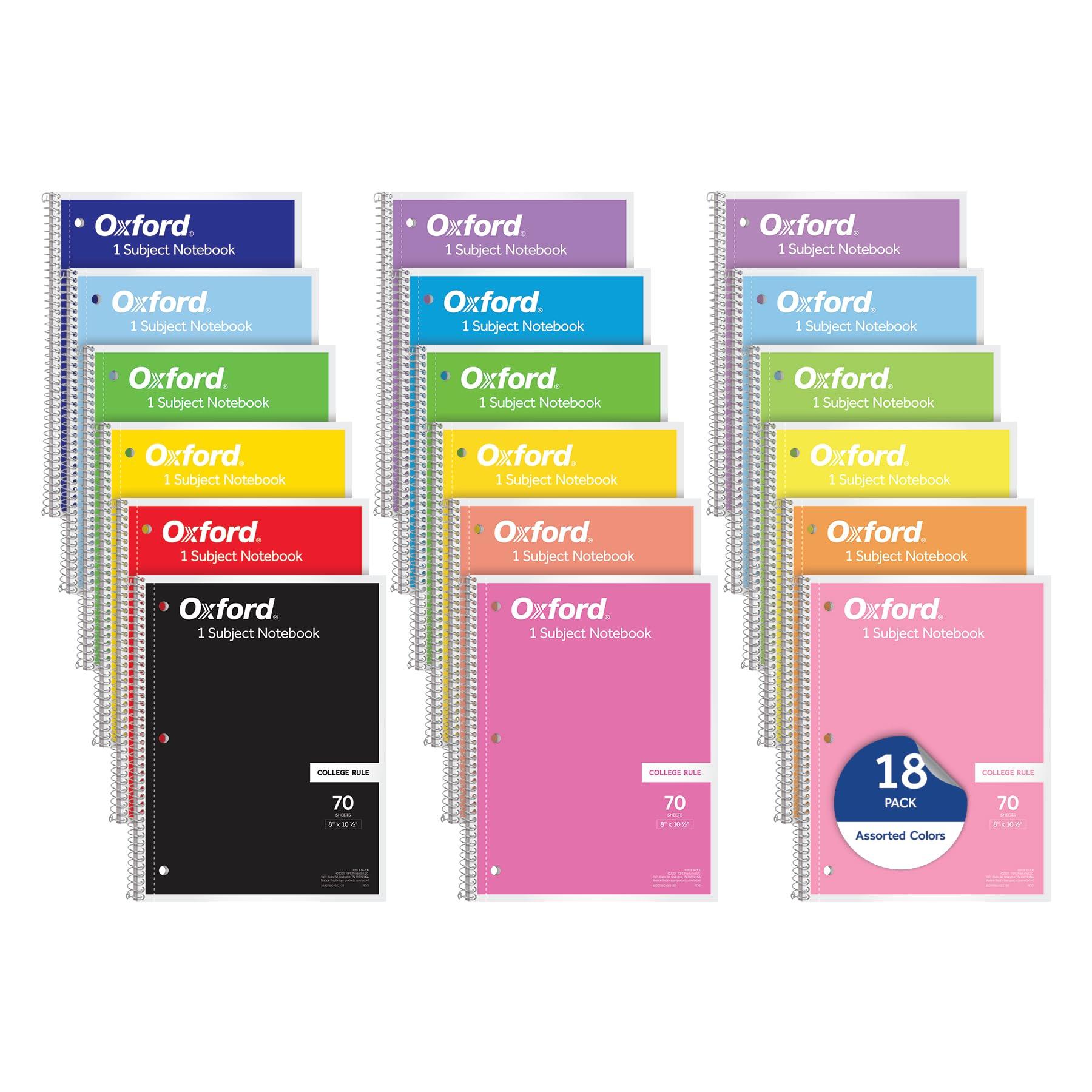 Oxford Spiral Notebook 18 Pack, Bulk College Ruled Spiral Notebooks for School, 1 Subject, College Ruled Paper, 8 x 10-1/2 Inches, 3-Hole Punch, Assorted Colors, 70 Sheets (65206)