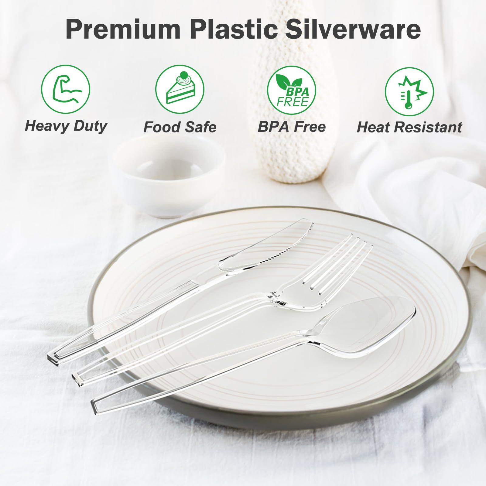 Dealusy 360 Count Extra Heavy Duty Clear Plastic Silverware, 150 Forks, 150 Spoons, 60 Knives, BPA-Free, Heat Resistant, Disposable Plastic Utensils Set, Plastic Cutlery Set, Plasticware Bulk - Image 4