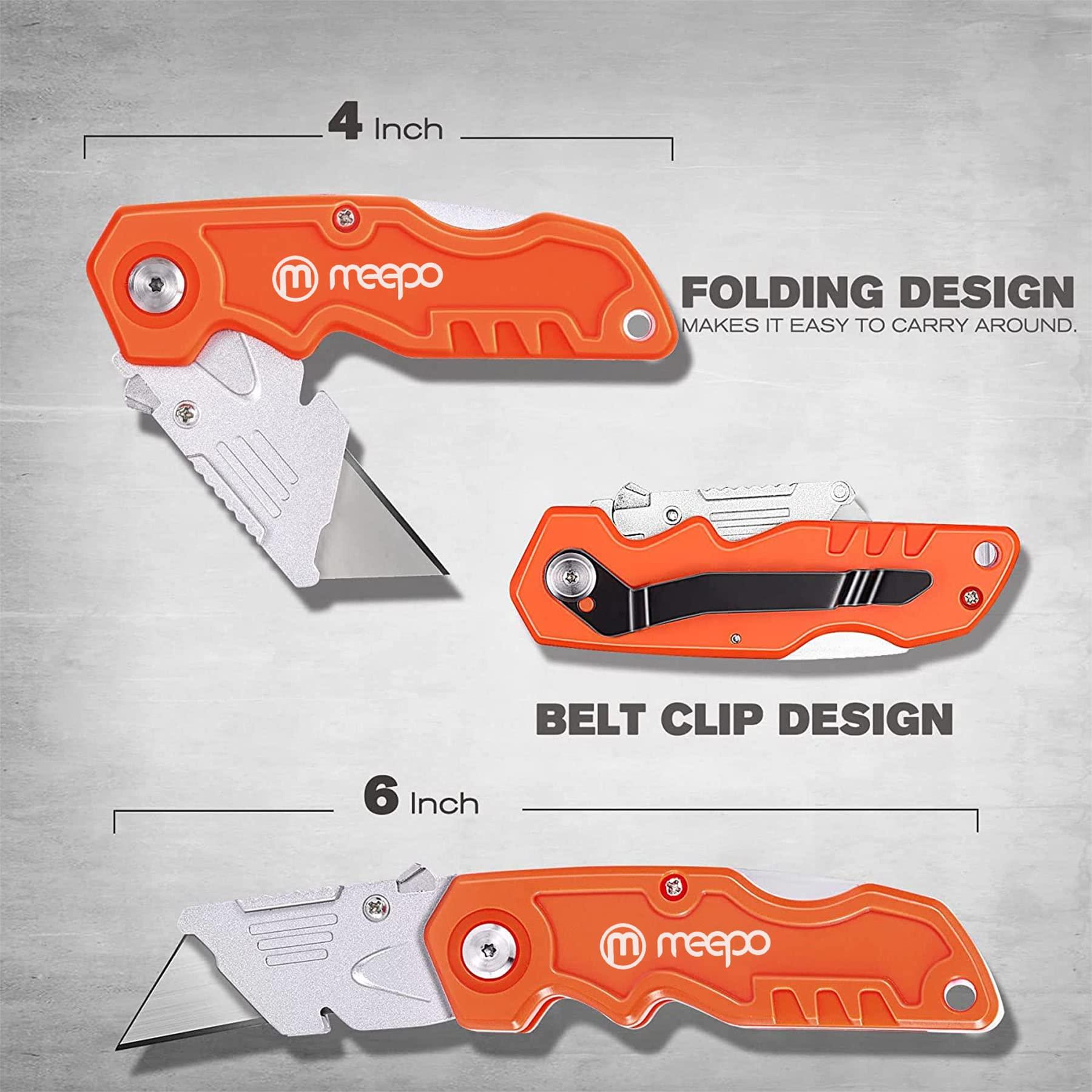 M MEEPO Box Cutter, 4-Pack Tough Folding Box Cutter for Heavy Duty Purpose, Razor Sharp Blade, Comfortable Handle, with Extra 10-Piece Blades, Can cut Drywall, Sheet Plastic, Linoleum, Boxes, Rope - Image 8