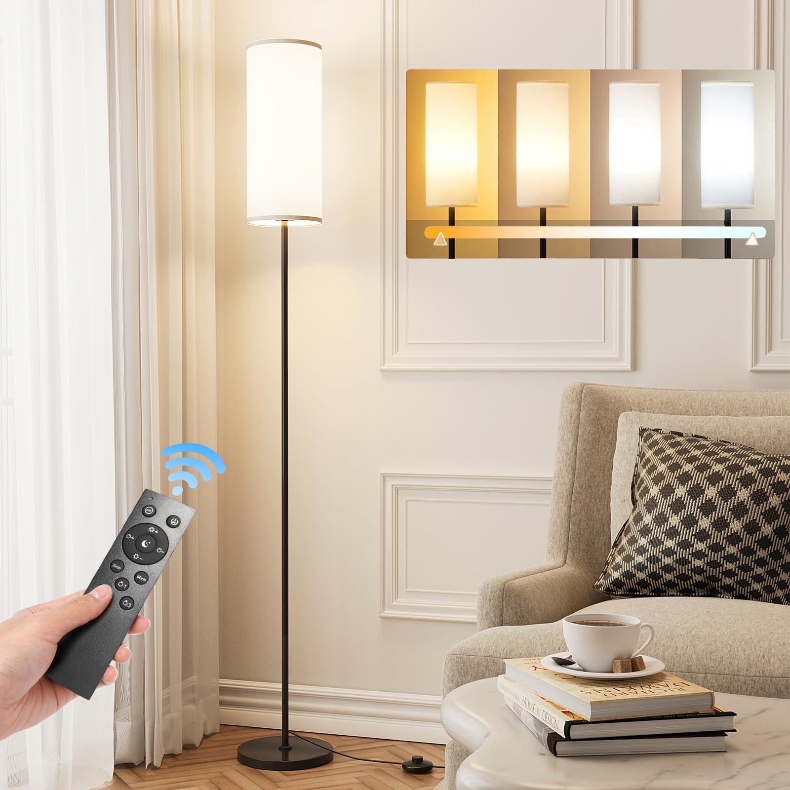 Karjoefar Floor Lamp for Living Room, Modern Standing lamp with Remote Control, Stepless Dimmable 9W Bulb & Beige Lampshade Included, Black Pole Tall Floor Lamp for Bedroom Office