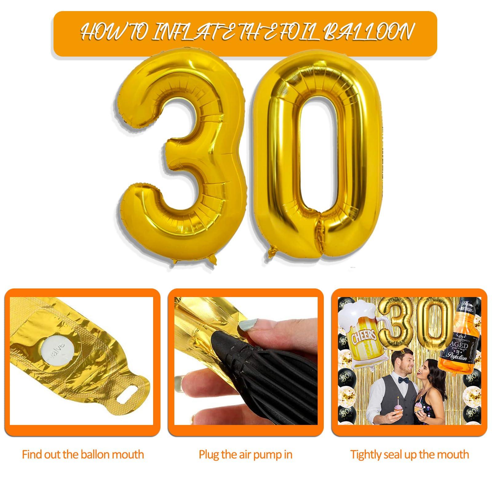 30th Birthday Decorations for Him, 30 Birthday Decorations with 40 Inch Gold 30 Number Balloons, Cheers to 30 Years Banner,Fringe Curtains and Cups Foil Balloons - Image 3