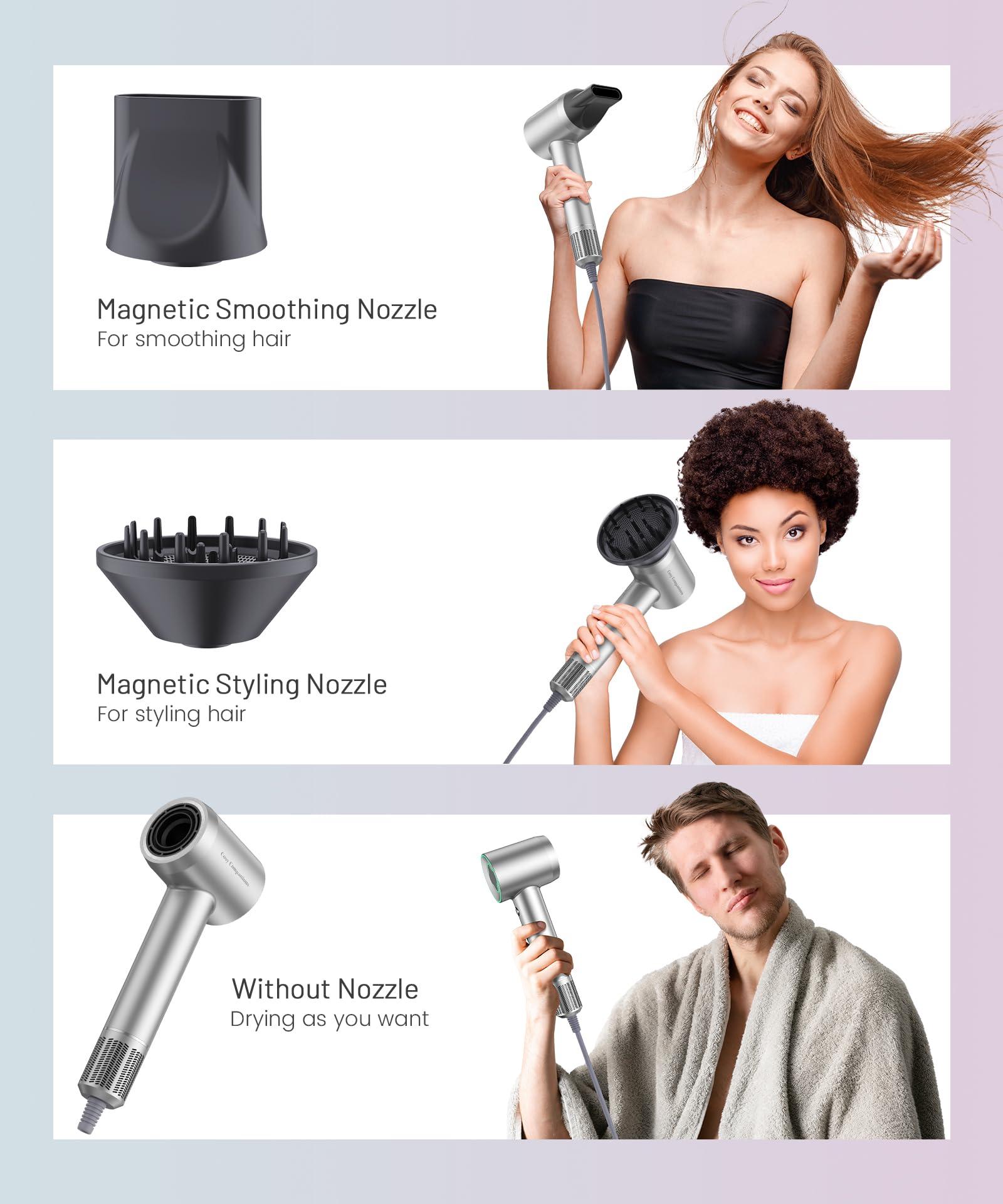 Hair Dryer - 150000 RPM High-Speed Brushless Motor Negative Ionic Blow Dryer for Fast Drying, Low Noise Thermo-Control Hair Dryer with Diffuser and Nozzle, Silvery - Image 8