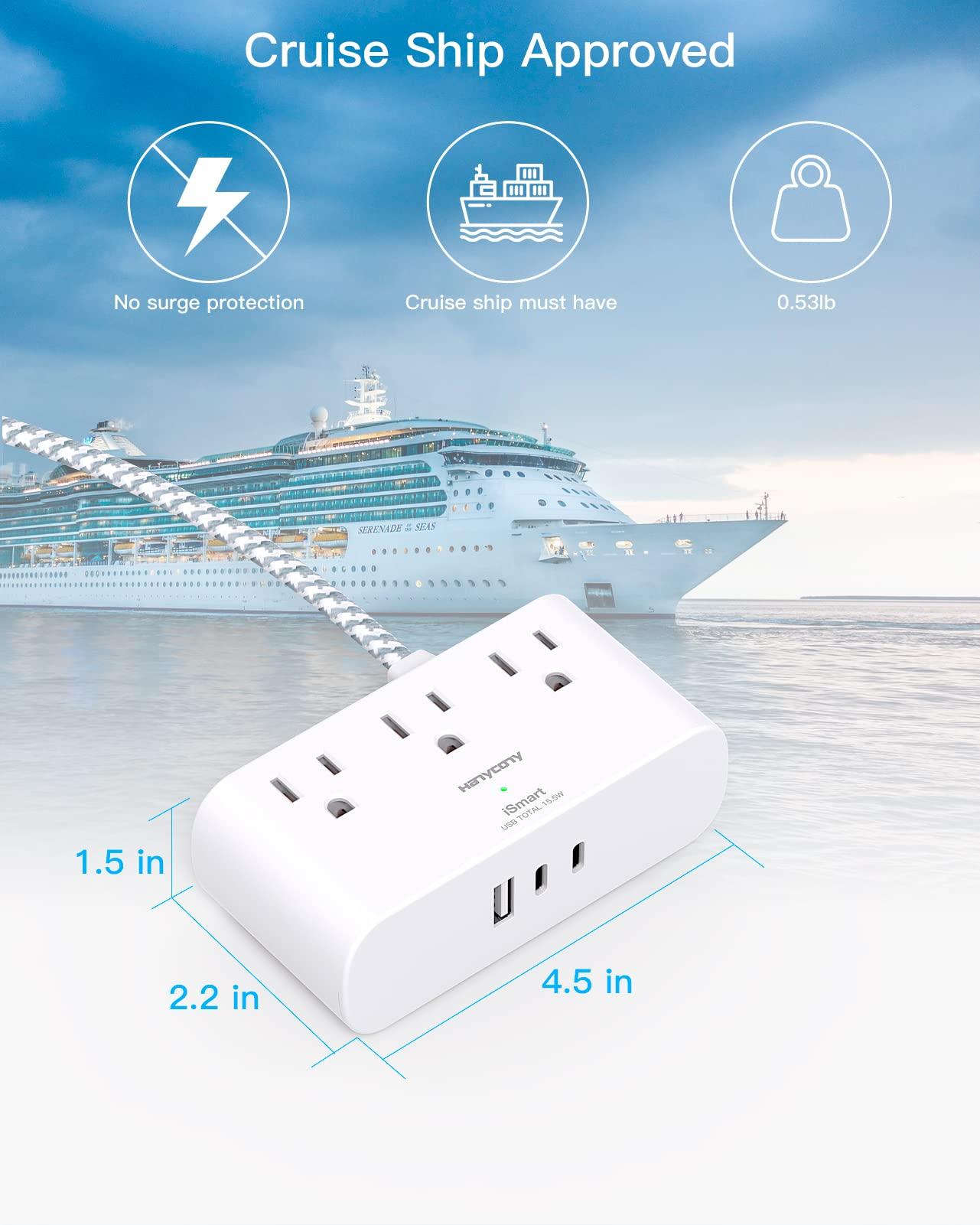 Flat Extension Cord 10 Ft, HANYCONY Ultra Thin Flat Plug Power Strip, 3 Outlets 3 USB Ports(2 USB C) Desk Charging Station, Power Strip with No Surge Protector for Cruise Ship Dorm Room Essentials - Image 4