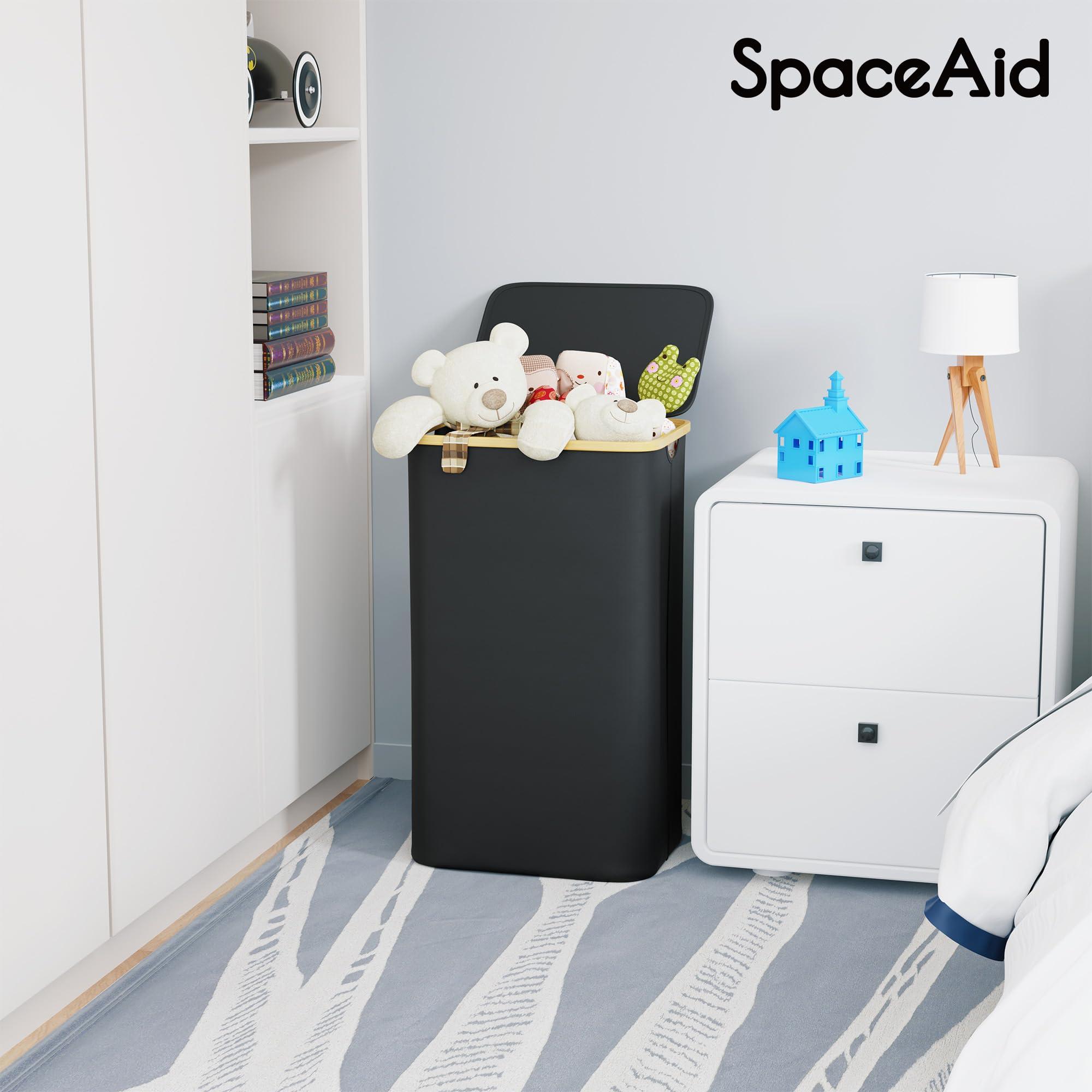 SpaceAid Laundry Hamper with Lid, 110L Large Tall Clothes Basket Bin with Bamboo Handles, Collapsible Laundry Hamper for Bedroom, Bathroom, Dorm, Laundry Room - Black - Image 2
