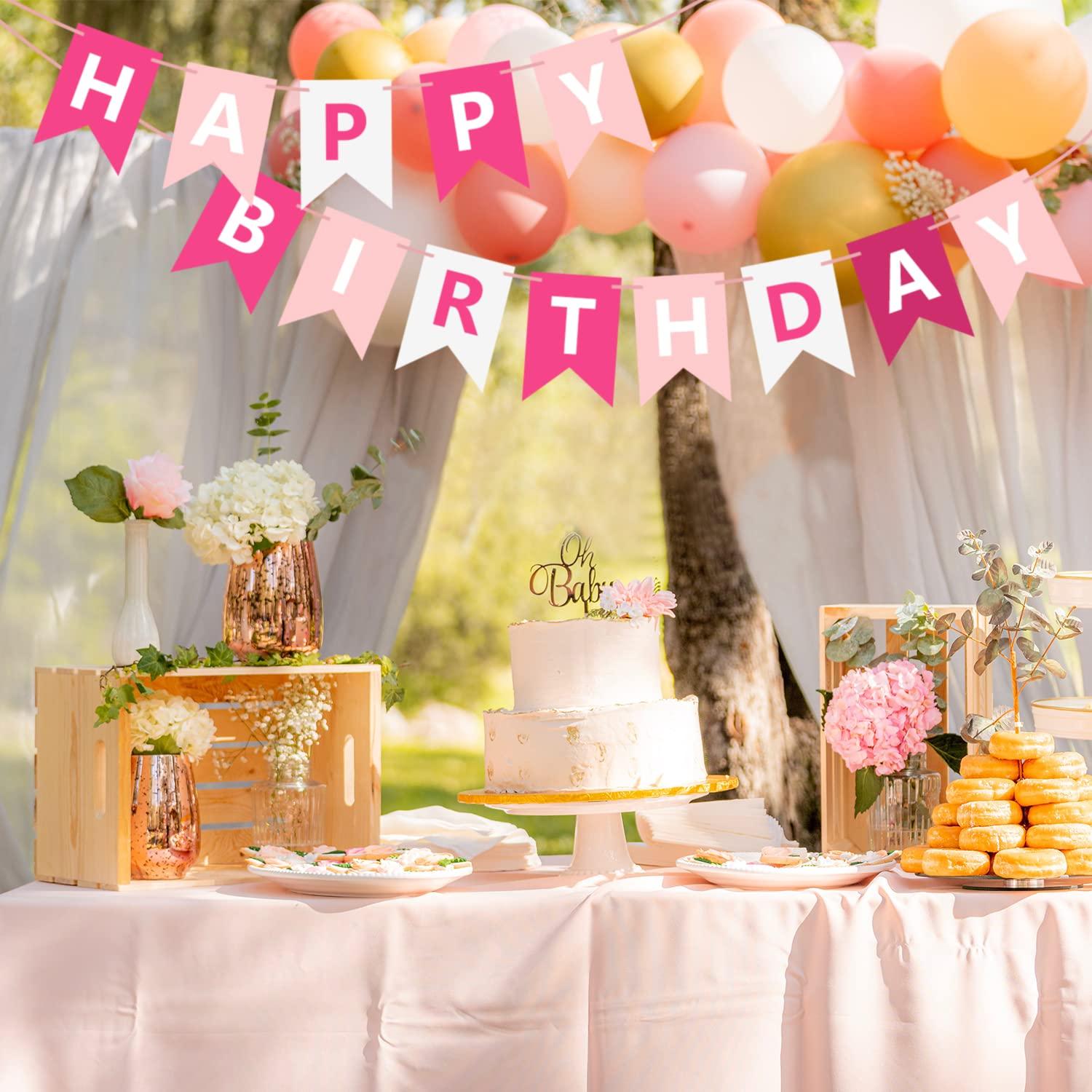 Waenerec Pink Happy Birthday Banner Sign Happy Birthday Bunting Banner Garland for Kids Girls Baby 1st Birthday Tea Party Decorations Bunting Flag Birthday Party Supplies - Image 5