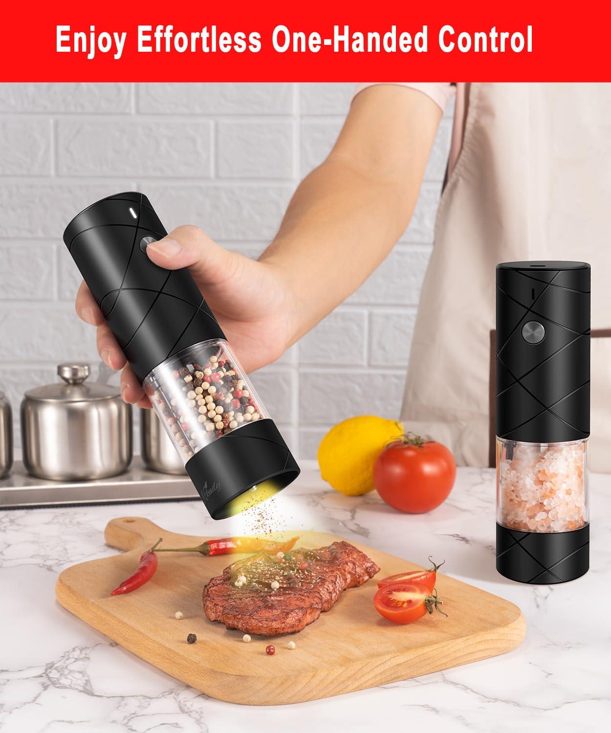 Rechargeable Electric Salt and Pepper Grinder Set - Extra Large Capacity - Automatic Black Peppercorn & Sea Salt Mill Grinders Set with Adjustable Coarseness & LED Light - Image 2