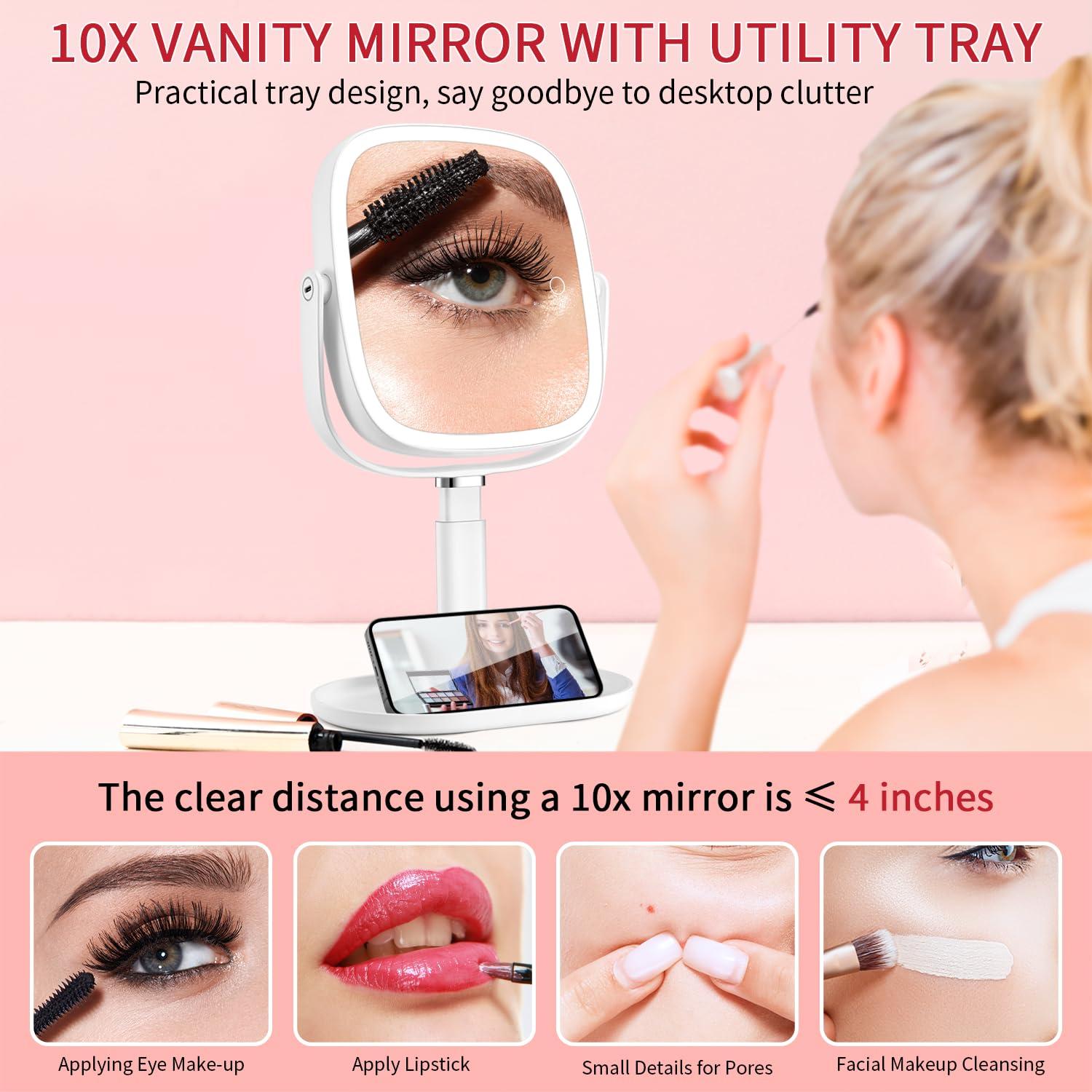 Lighted Makeup Mirror, 2600mAh Rechargeable 1x/10x Magnifying Vanity Mirror, 8.5" Height Adjustable Makeup Mirror with Lights 3 Color, 360° Rotation 2-Sided Light up Large Desk Mirror, Gifts for Women - Image 5