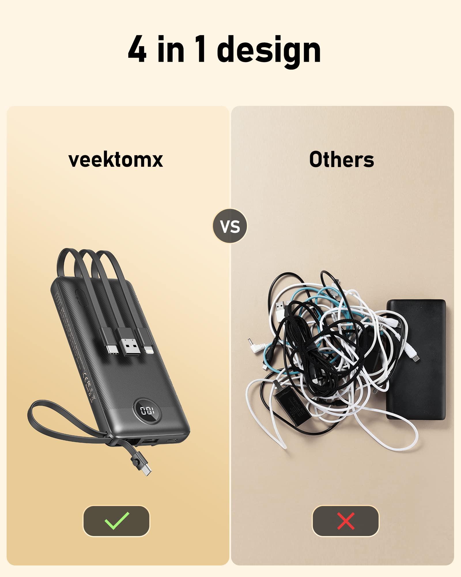 VEEKTOMX Portable Charger with Built-in Cables 10000mAh Power Bank for iPhone Slim Fast Charge USB C Battery Pack Travel Essentials Powerbank Compatible with iPhone, Samsung, Android, etc - Image 3