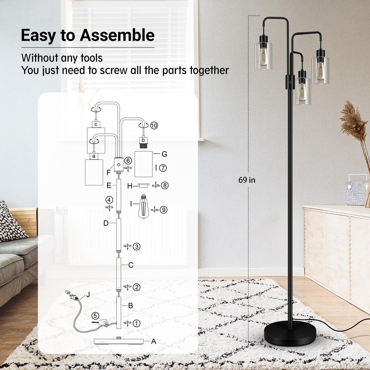 BoostArea Industrial Floor Lamp for Living Room,Glass Lampshade,Modern Stand Up Lamp with 3 Light,Simple Design Floor Lamp for Bedroom, Living Room, Office, Kids Room, Reading - Image 5