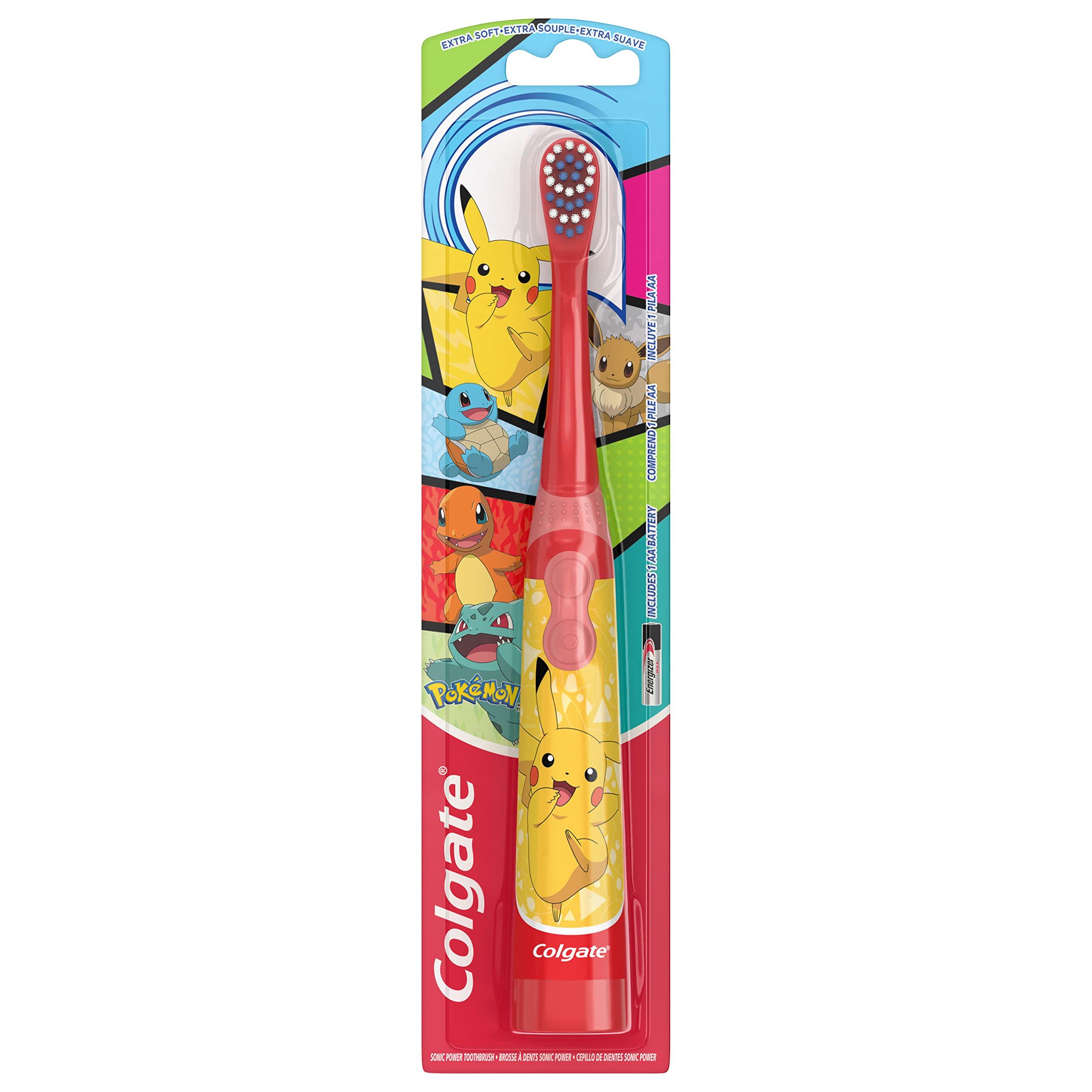Colgate Kids Battery Powered Toothbrush, Kids Battery Toothbrush with Included AA Battery, Extra Soft Bristles, Flat-Laying Handle to Prevent Rolling, Pokemon Toothbrush, 1 Pack