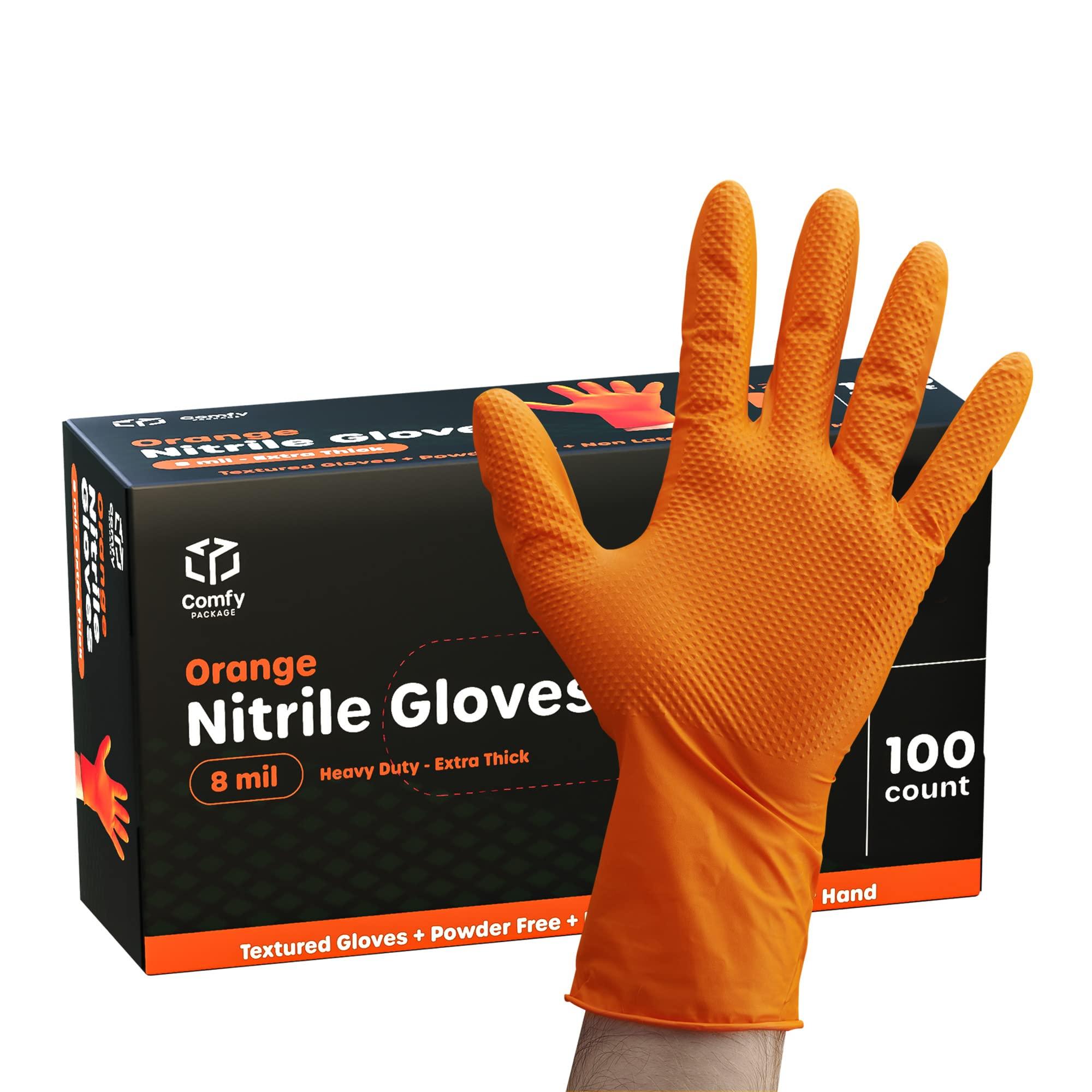 Comfy Package [100 Count 8 Mil HEAVY DUTY Disposable Orange Nitrile Gloves Heavy-Duty, Industrial, Diamond Texture