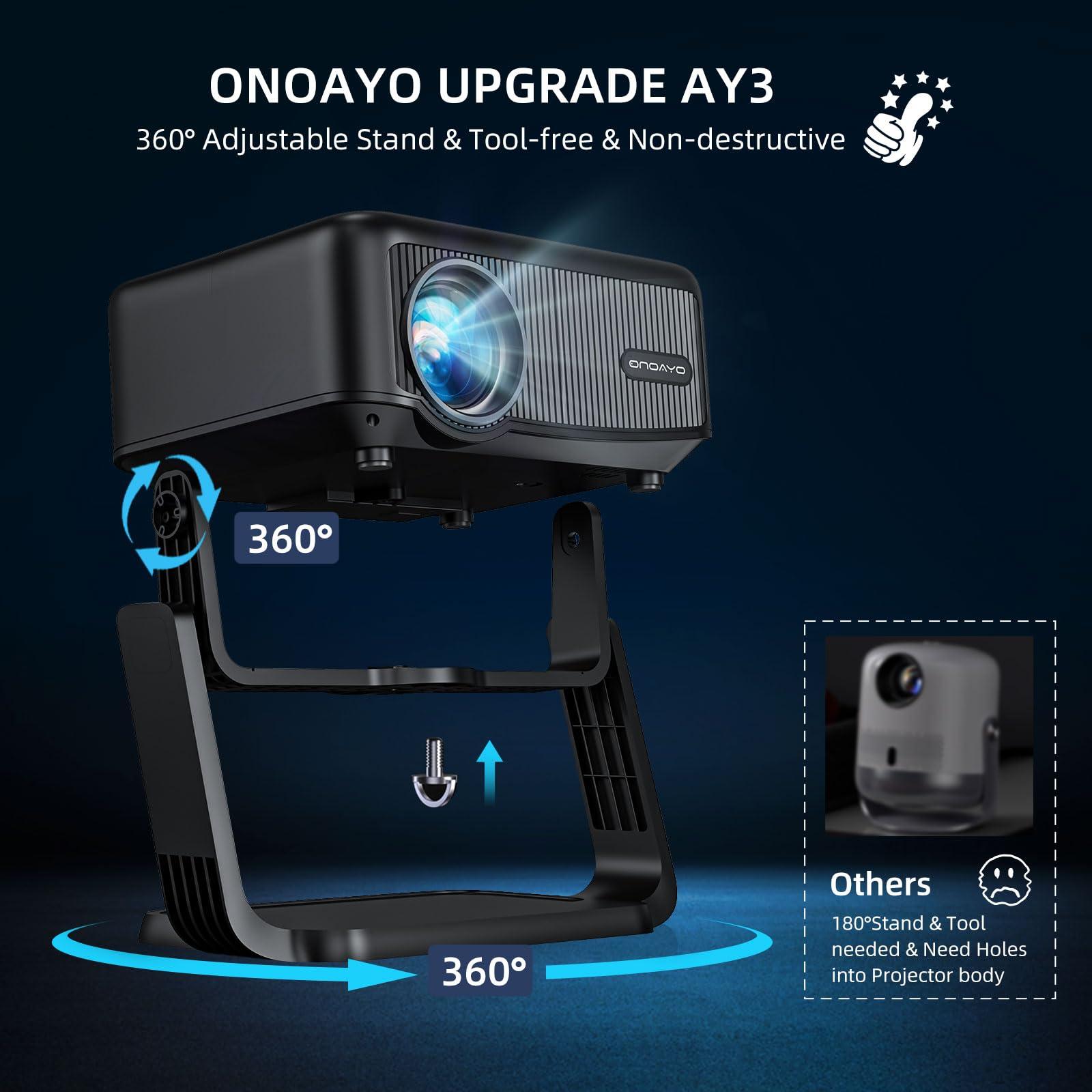 [360°Adjustable Stand] Mini Projector with WiFi and Bluetooth: Electric Focus & Auto Keystone 1080P 500 ANSI Bluetooth Projector, ONOAYO AY3 Portable Movie Phone Projector for Home Upgrade Black - Image 2