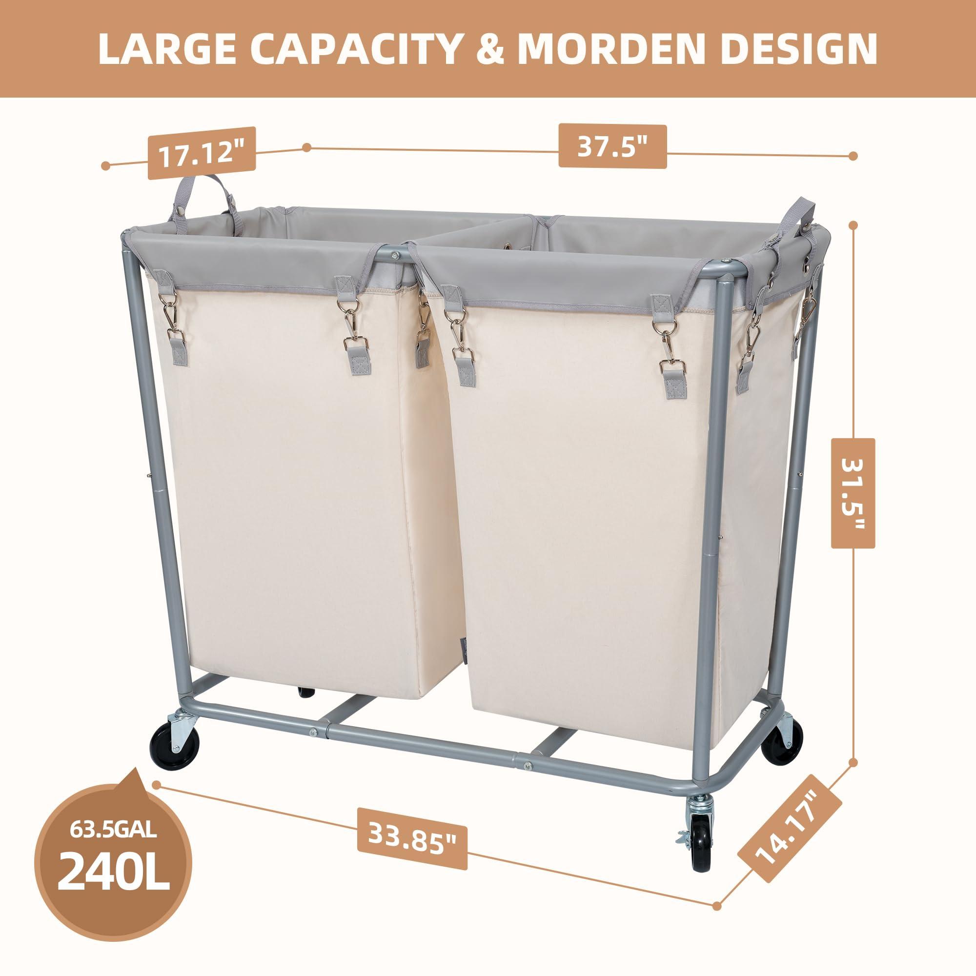 STORAGE MANIAC Commercial Laundry Hamper with Heavy Duty Steel Frame, 240 L Industrial Laundry Basket Cart with Wheels for Hotel, Home, Laundry Room, 37.5''L x 17.1''W x 31.8''H, 2 Section Beige - Image 3