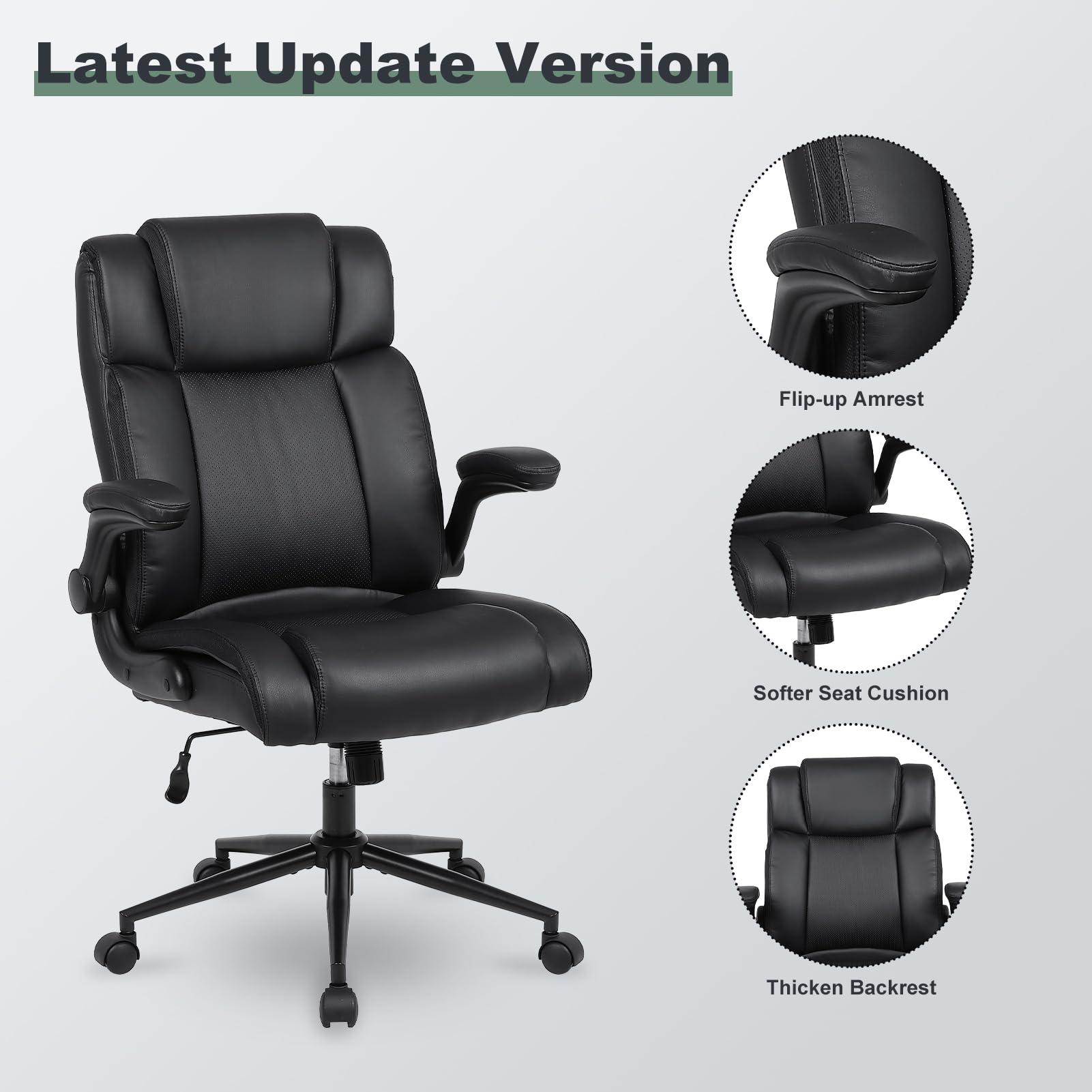 Ermnois Executive Office Chair with Thicken Flip-up Armrest, Ergonomic Home Office Desk Chair with Lumbar Support, Upholstered Leather Mid-Back Computer Gaming Chair for Home/Office, Black - Image 4