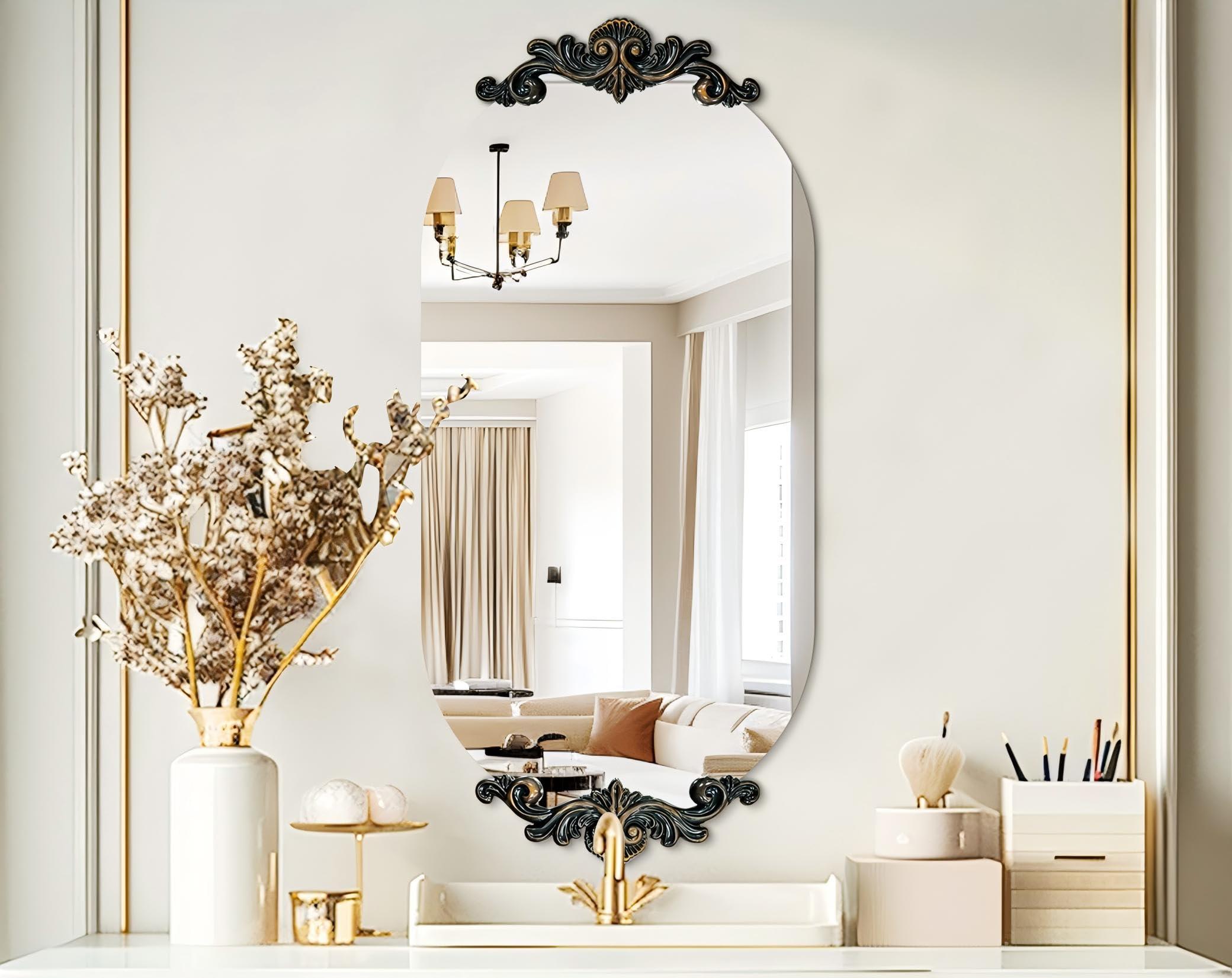 Artloge Frameless Mirror Oblong Oval: 40x20inches Wall Mounted Sleek Silver Mirror with Baroque Style Flower Frame Edge Decorative Vanity for Bathroom Bedroom Livingroom Entryway Hallway