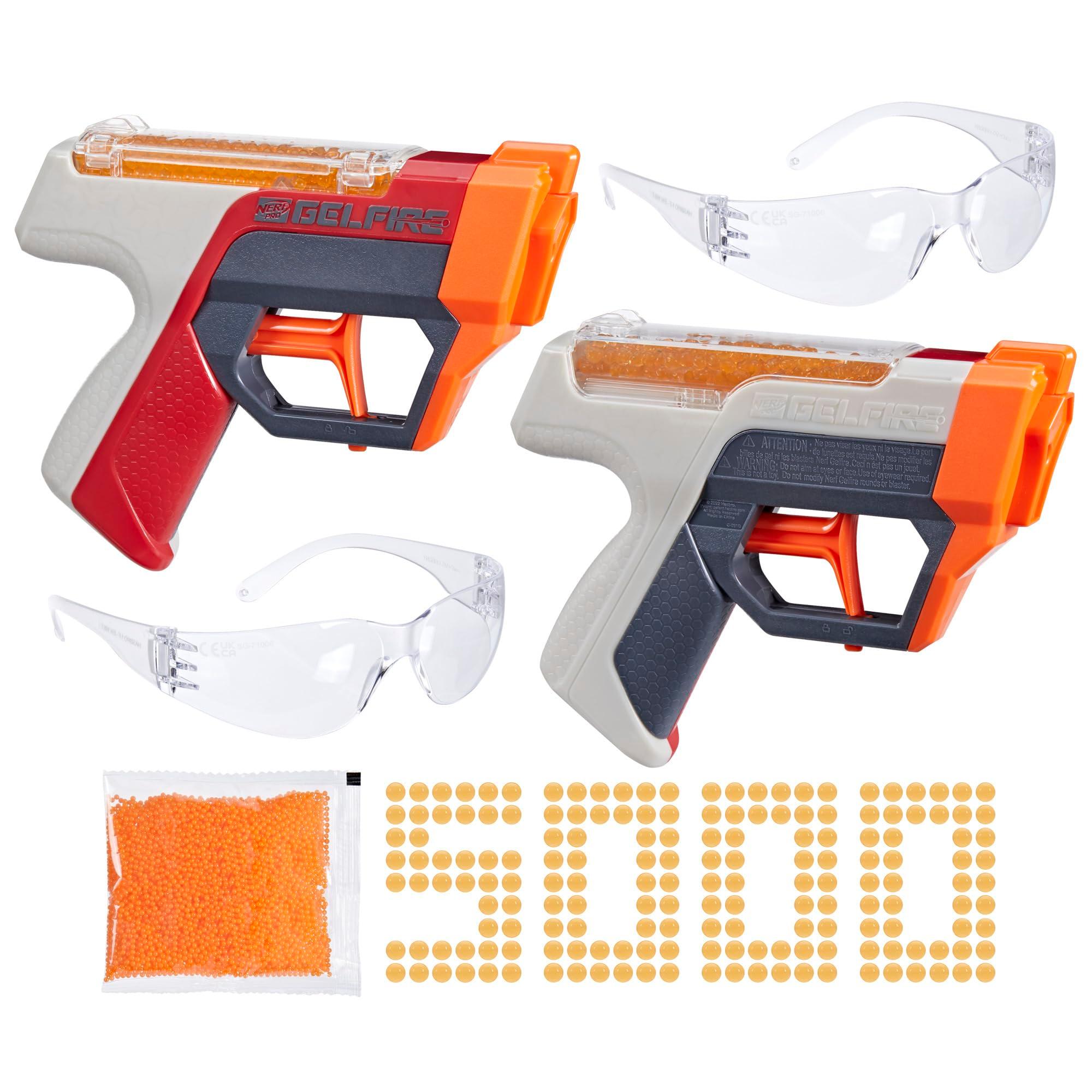 NERF Pro Gelfire Dual Wield Pack, 2 Blasters, No-Prime Firing, 5000 Gelfire Rounds, 2X 100 Round Integrated Hoppers, 2 Eyewear, Ages 14 & Up