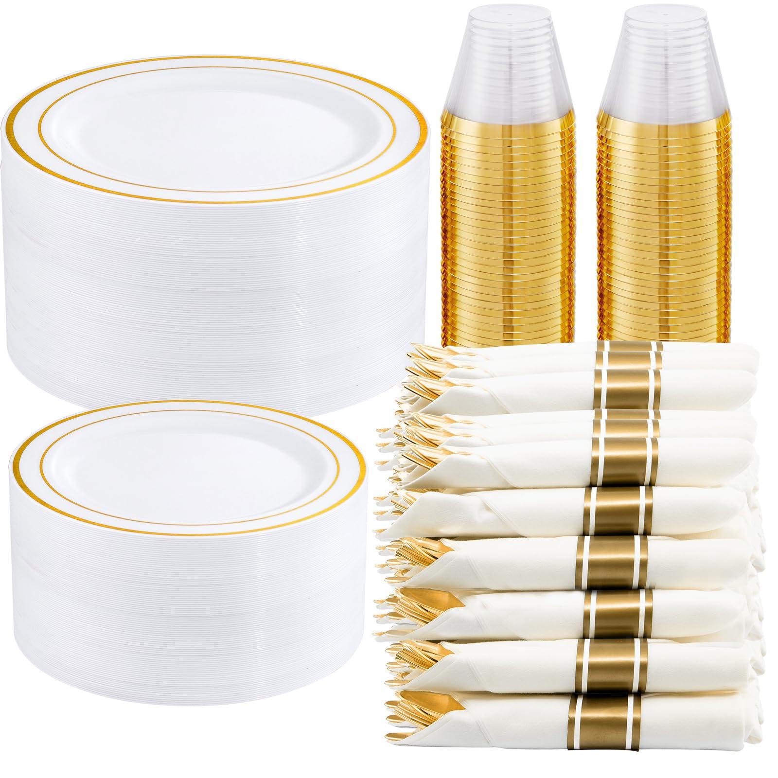 WELLIFE 350-Piece Gold Disposable Plates and Cutlery Set - Premium 10.25" Dinner Plates, 7.5" Dessert Plates, 9oz Cups & Cutlery for Weddings, Catering Events - 50 Guest Service - Elegant & Sturdy