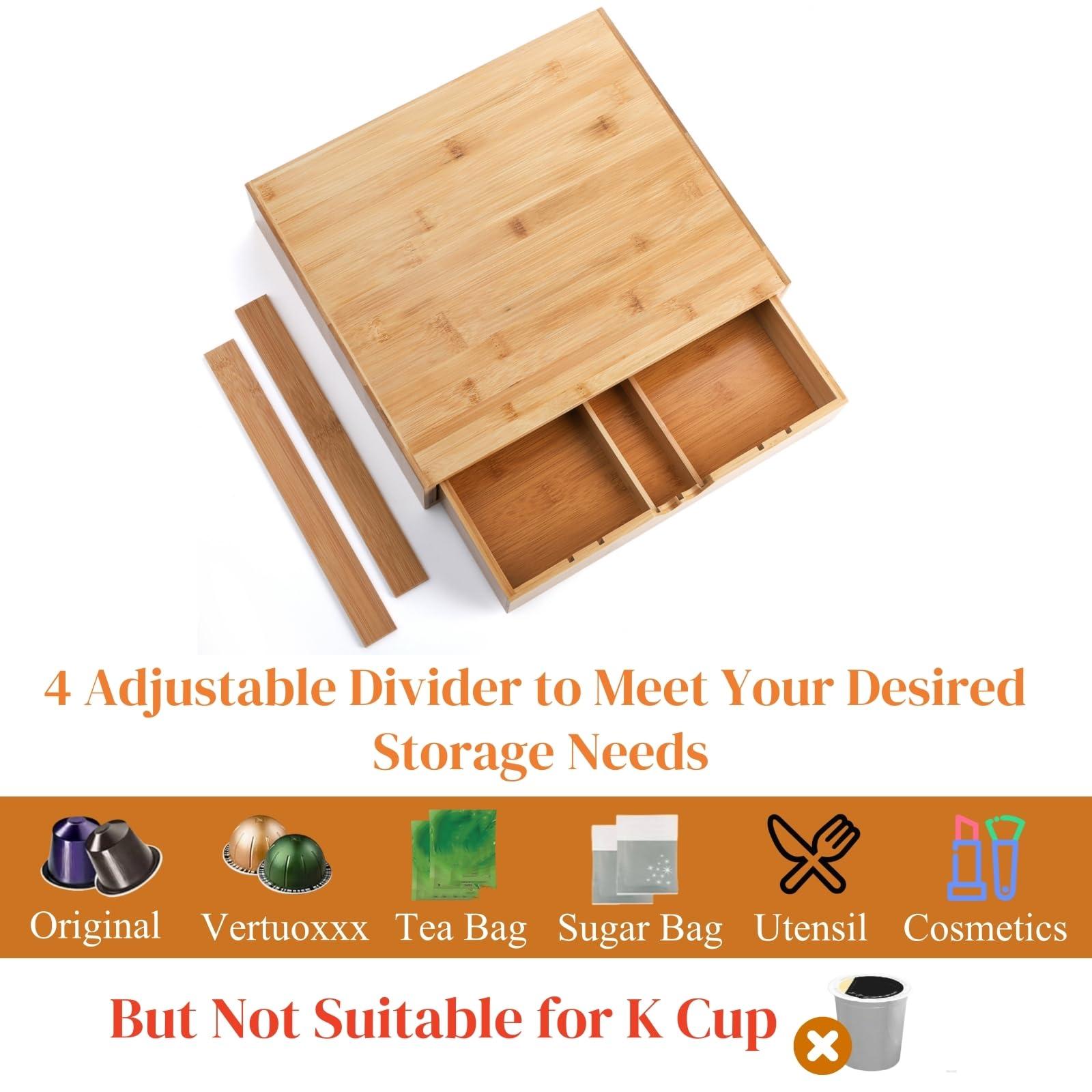 Peohud Bamboo Coffee Pod Drawer, Espresso Coffee Capsule Holder with 5 Adjustable Compartment, Tea Bag Storage Organizer for Kitchen Counter Office Coffee Station - Image 4