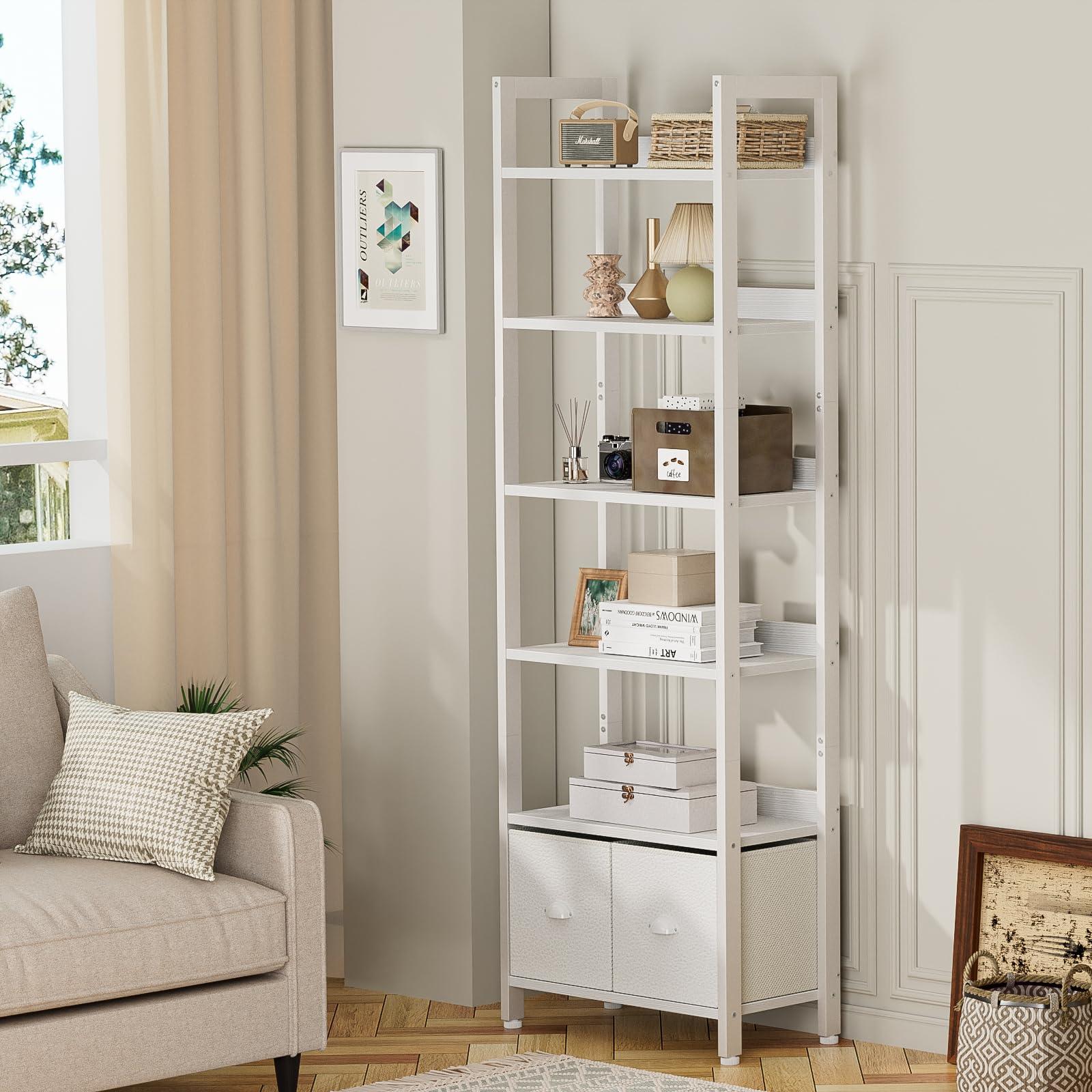 Furologee White 6 Tier Bookshelf with Drawers, Tall 71" Bookcase with Shelves, Modern Wood and Metal Bookshelves Storage Organizer, Display Free Standing Shelf Unit for Bedroom, Living Room, Office - Image 7