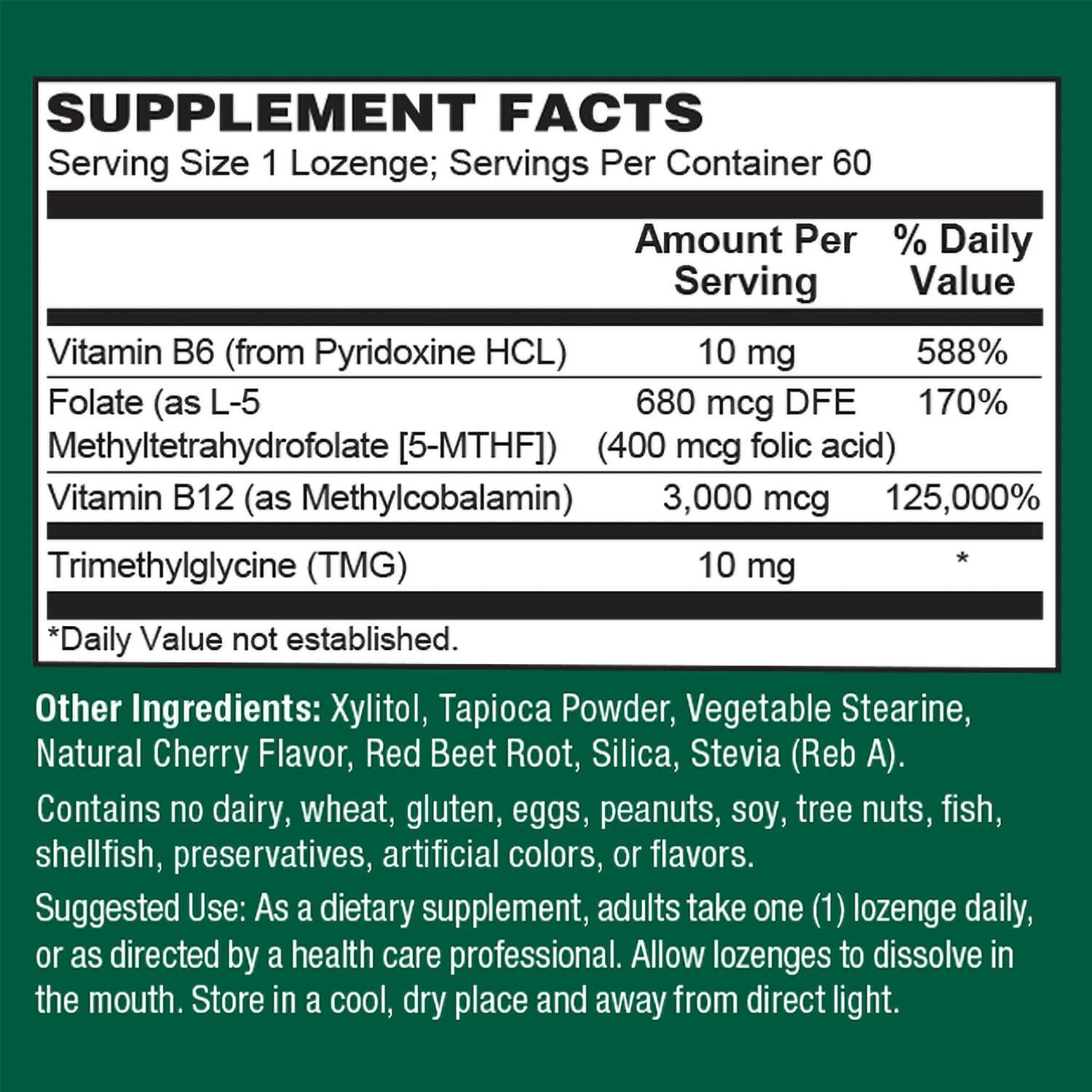 PlantFusion Methylated Vitamin B Complex – Vegan B12 3000mcg, Vegan Methylfolate (5-MTHF) 400mcg, B6 & TMG – Cherry-Flavored Lozenges – 60 Count - Image 2