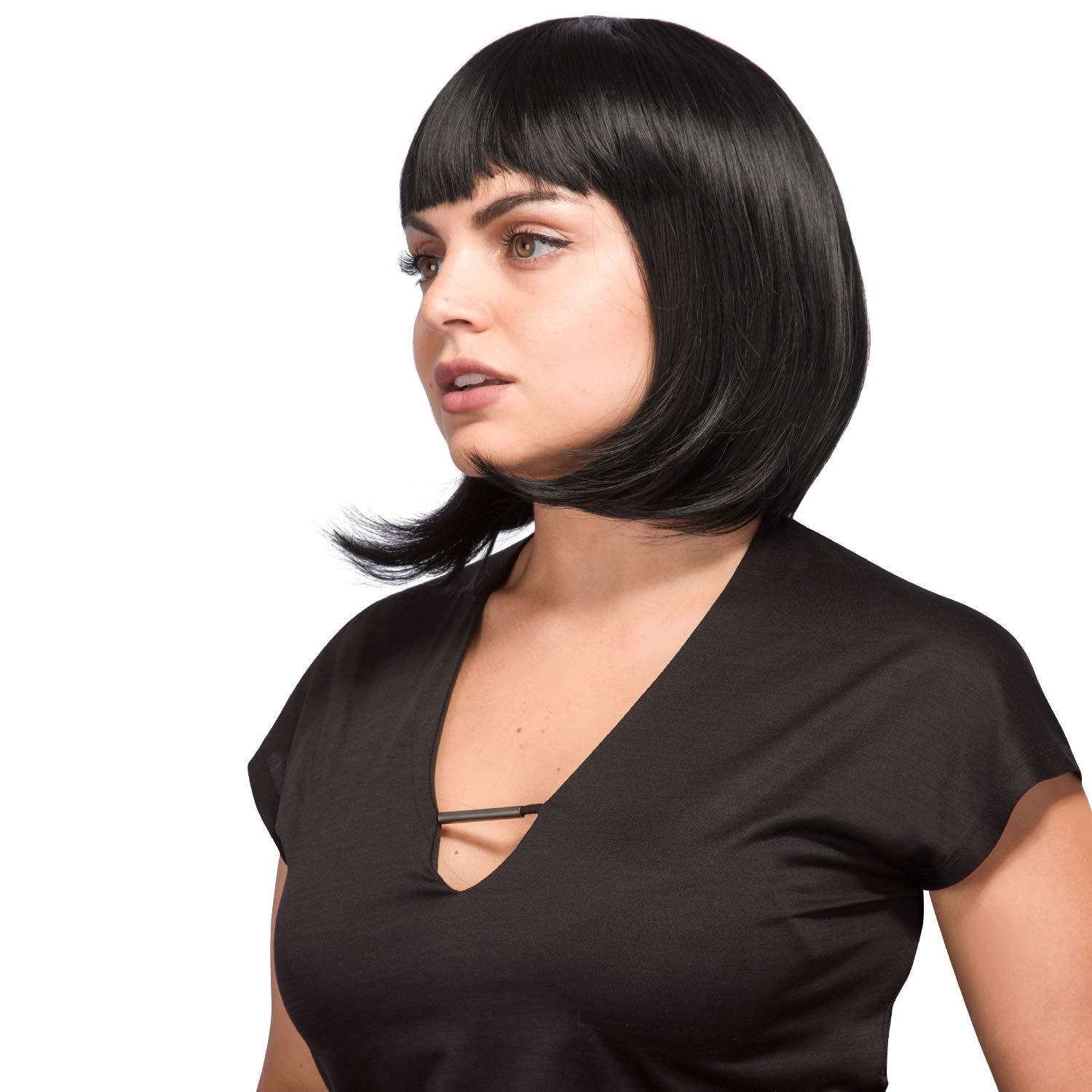 AGPTEK 13 Inches Straight Heat Resistant Short Bob Hair Wigs with Flat Bangs for Women Cosplay Daily Party - Black - Image 3