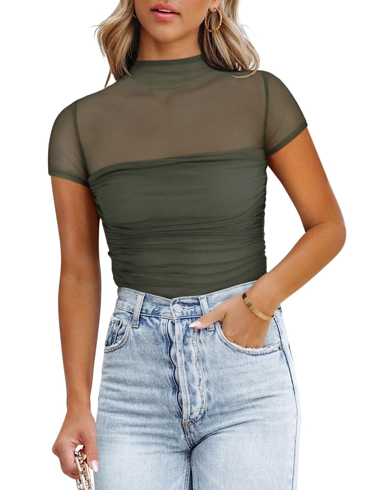 REORIA Women's Sexy Mock Turtle Neck Short Sleeve Shirts Sheer Mesh Ruched Trendy Going Out Bodysuits Tops - Image 3