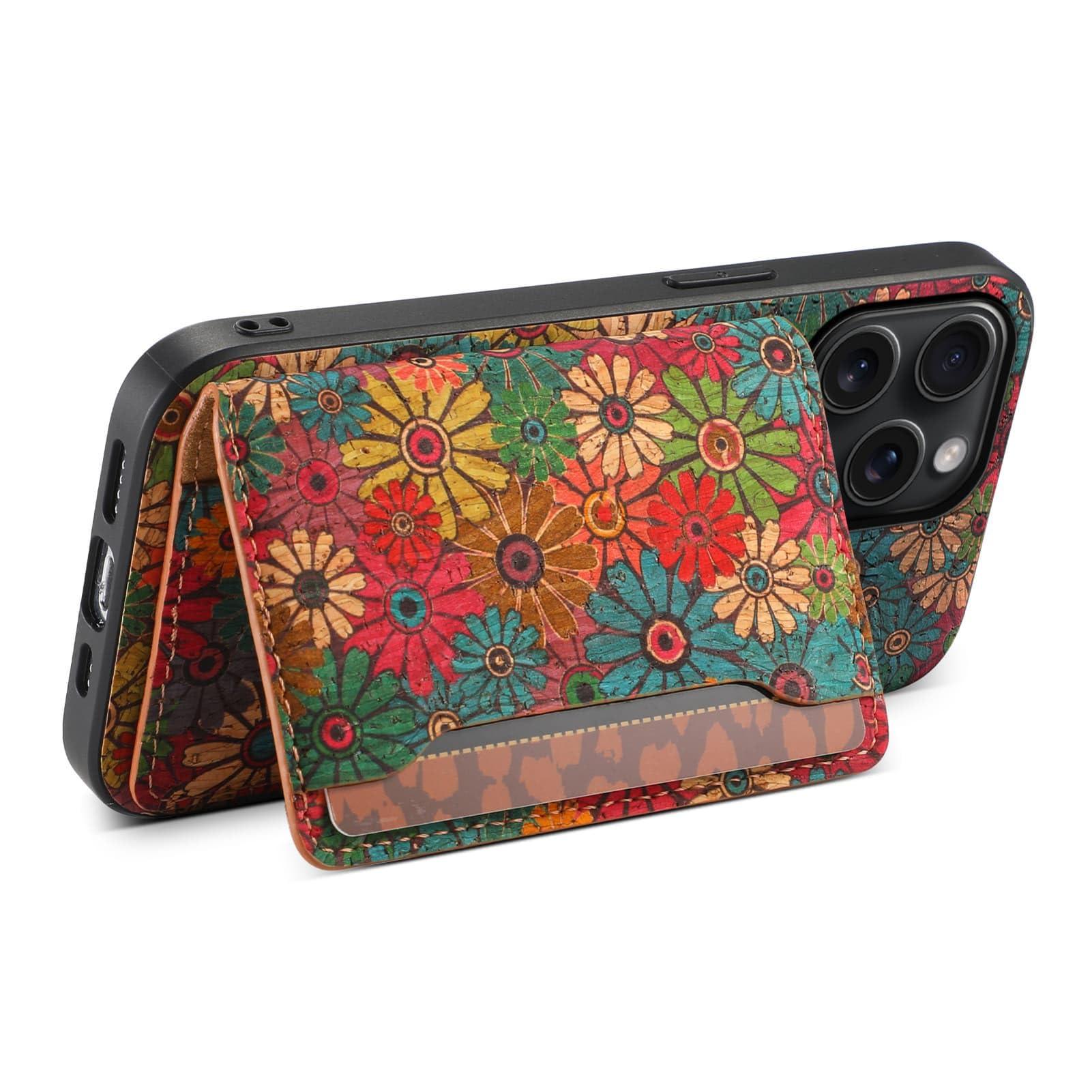 GuluGuru for iPhone 16ProMax Cork Wood Phone Case, Retro Floral Colorful Flower Printing Magnetic Folio Flip ID/Credit Card Holder Slot Back Cover Bag, Kickstand Support - Image 5
