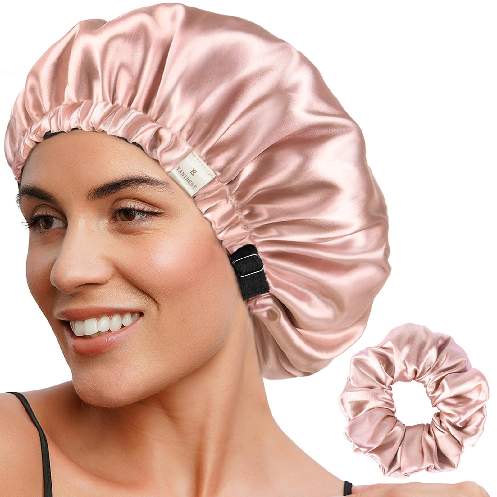 YANIBEST Adjustable Silk Bonnet Double Layer Satin Bonnet Hair Bonnet for Sleeping Bonnets for Women Hats Curly Natural Hair, Blush Pink