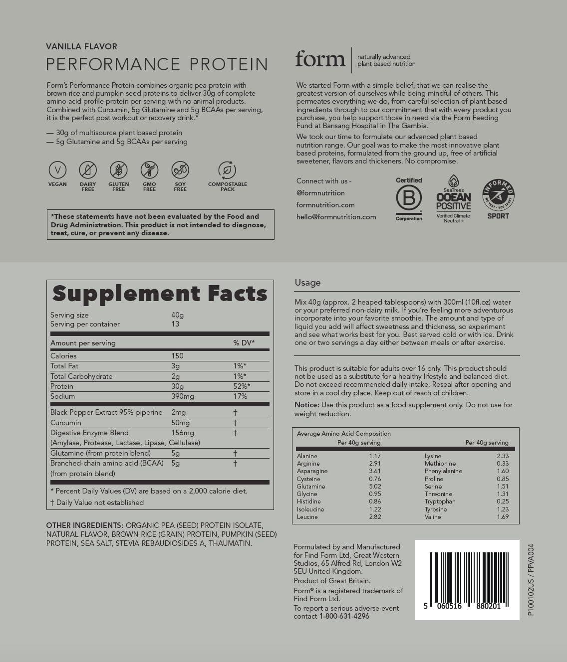 Form Performance Protein - Vegan Protein Powder - 30g of Plant Based Protein per Serving, with BCAAs and Digestive Enzymes. Perfect Post Workout. Tastes Great with Just Water! (Vanilla) - Image 6