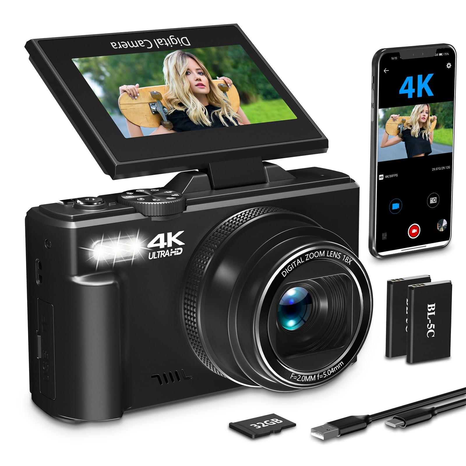 4K Digital Camera for Photography with 3" 180°Flip Screen,64MP Vlogging Camera for YouTube, HD WiFi Compact Camera with Flash, 18X Digital Zoom, 32GB TF Card & 2 Batteries（Black）