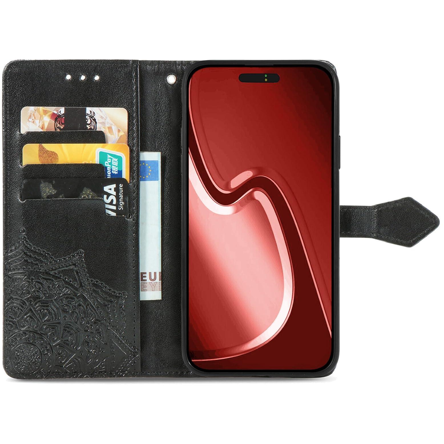 GuluGuru for iPhone 16 Pro Max Leather Phone Case, 3D Carved Relief Flower Lace Pattern Folio Flip Cover Kickstand, Floral Card Holder Cash Slot, Magnetic Clasp, Hand Wrist Strap - Image 2