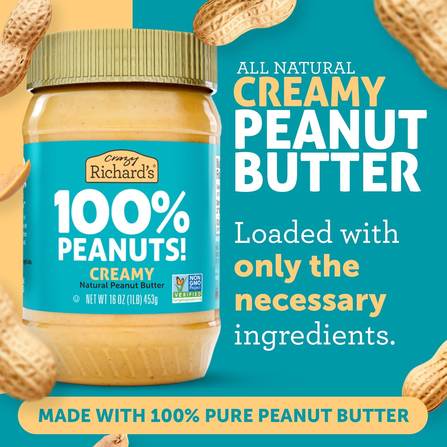 Crazy Richard's 100% All-Natural Vegan Creamy & Crunchy Peanut Butter with No Added Sugar and Non-GMO Variety Pack (16 Ounce, Pack of 2) - Image 4
