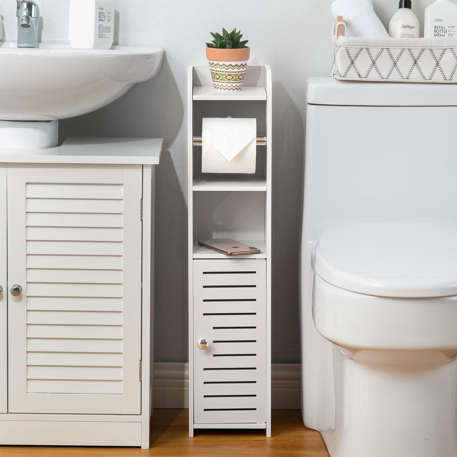 AOJEZOR Toilet Paper Holder Stand: Bathroom Storage Cabinet Beside Toilet for Small Space Bathroom with Toilet Roll Holder - White - Image 3